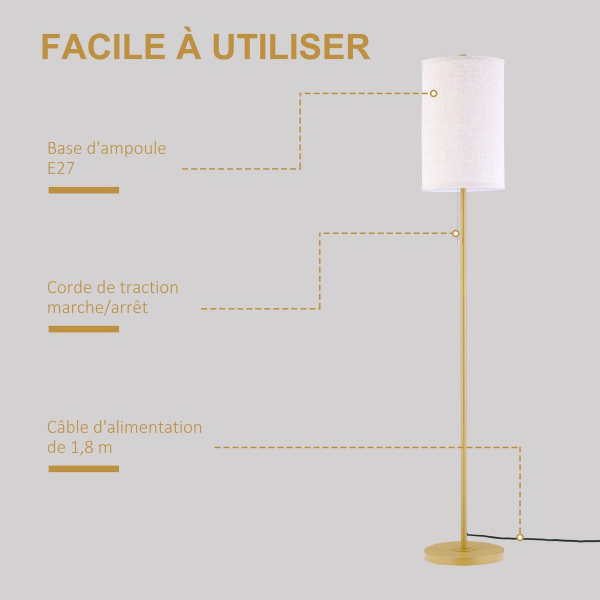 HOMCOM Lampadaire design néo-rétro 40 W max. piètement mât acier doré abat-jour lin crème