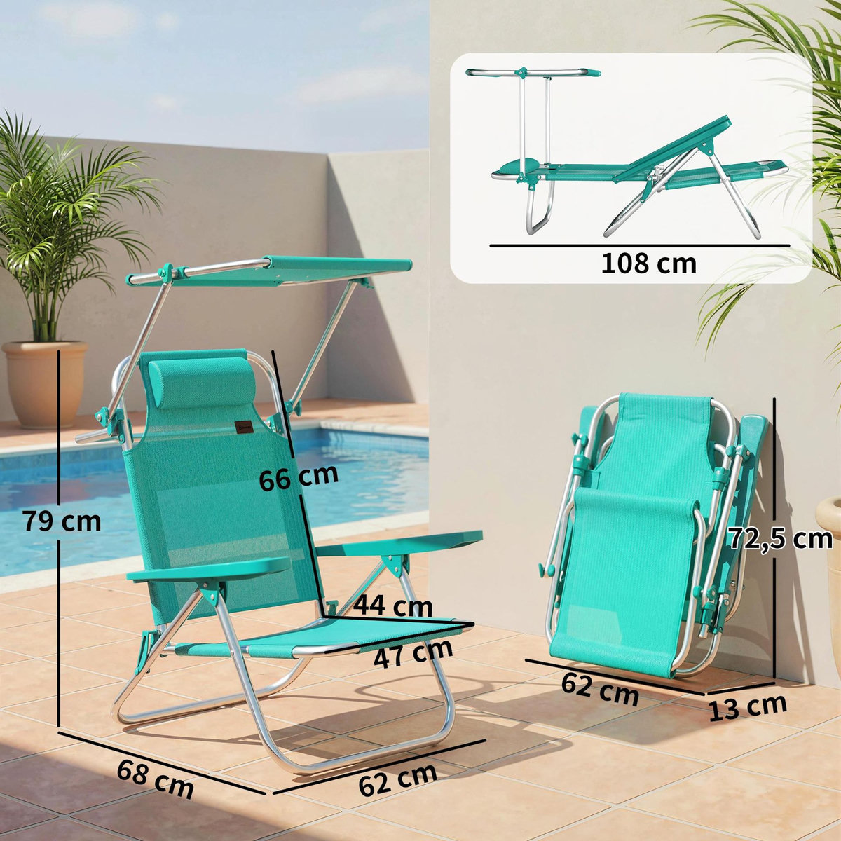 OUTSUNNY Chaise de plage pliable inclinable avec pare-soleil turquoise
