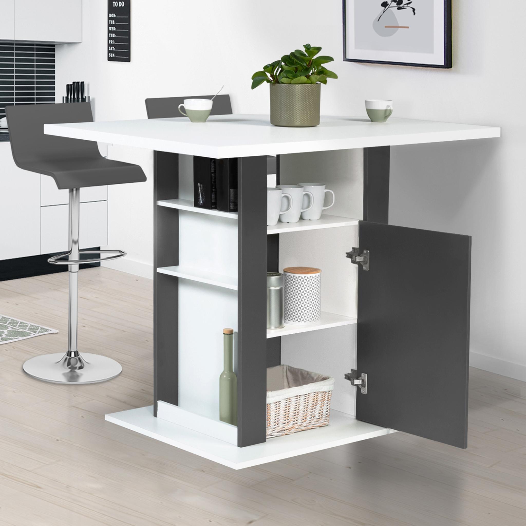 Voir la diapositive 3 : ID MARKET Ilot central ugo 110 cm bois blanc et gris avec rangements
