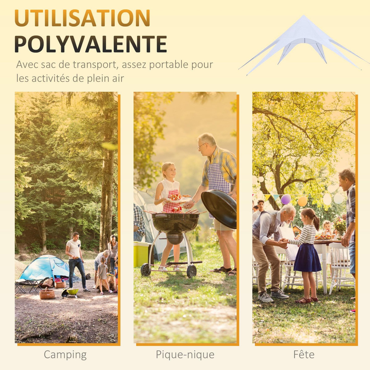 OUTSUNNY Tente de jardin XXL en étoile bâche anti-pluie voile d'ombrage toile de camping 10L x 10l x 4H m polyester haute densité 210D imperméable bleu clair