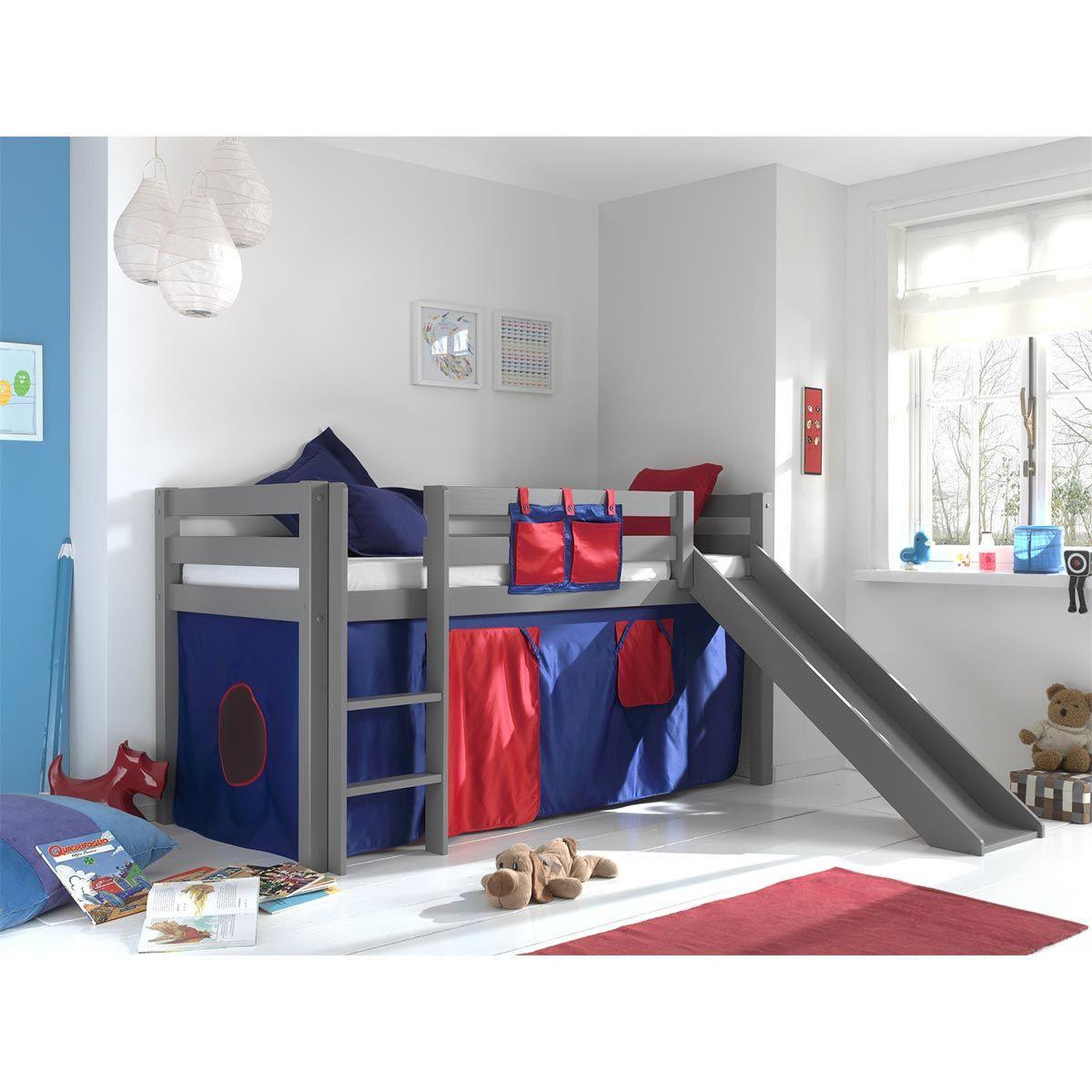 Voir la diapositive 2 : Paris Prix Pack - lit enfant toboggan & tente  pino rouge  gris