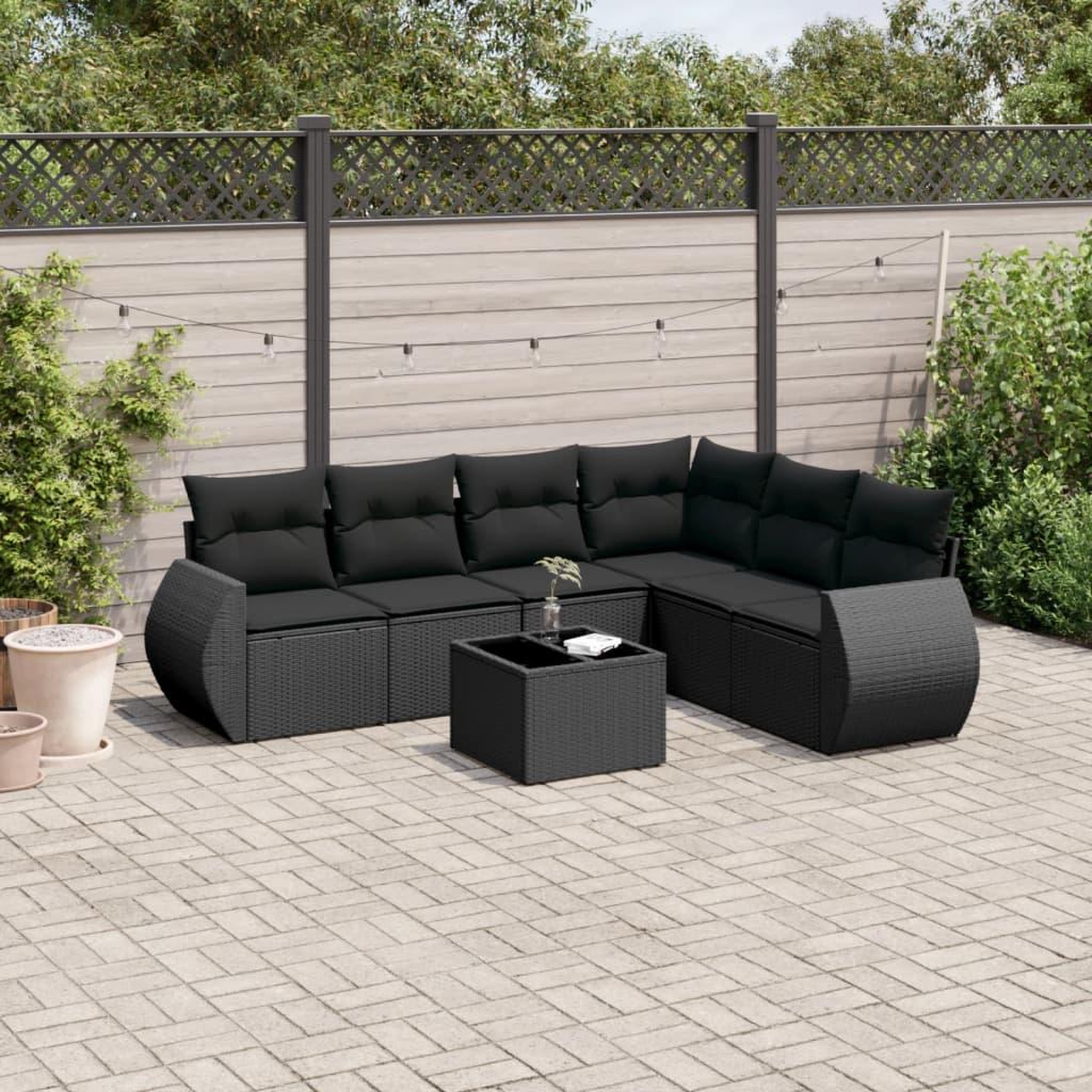 VIDAXL Salon de jardin 7 pcs avec coussins noir resine tressee