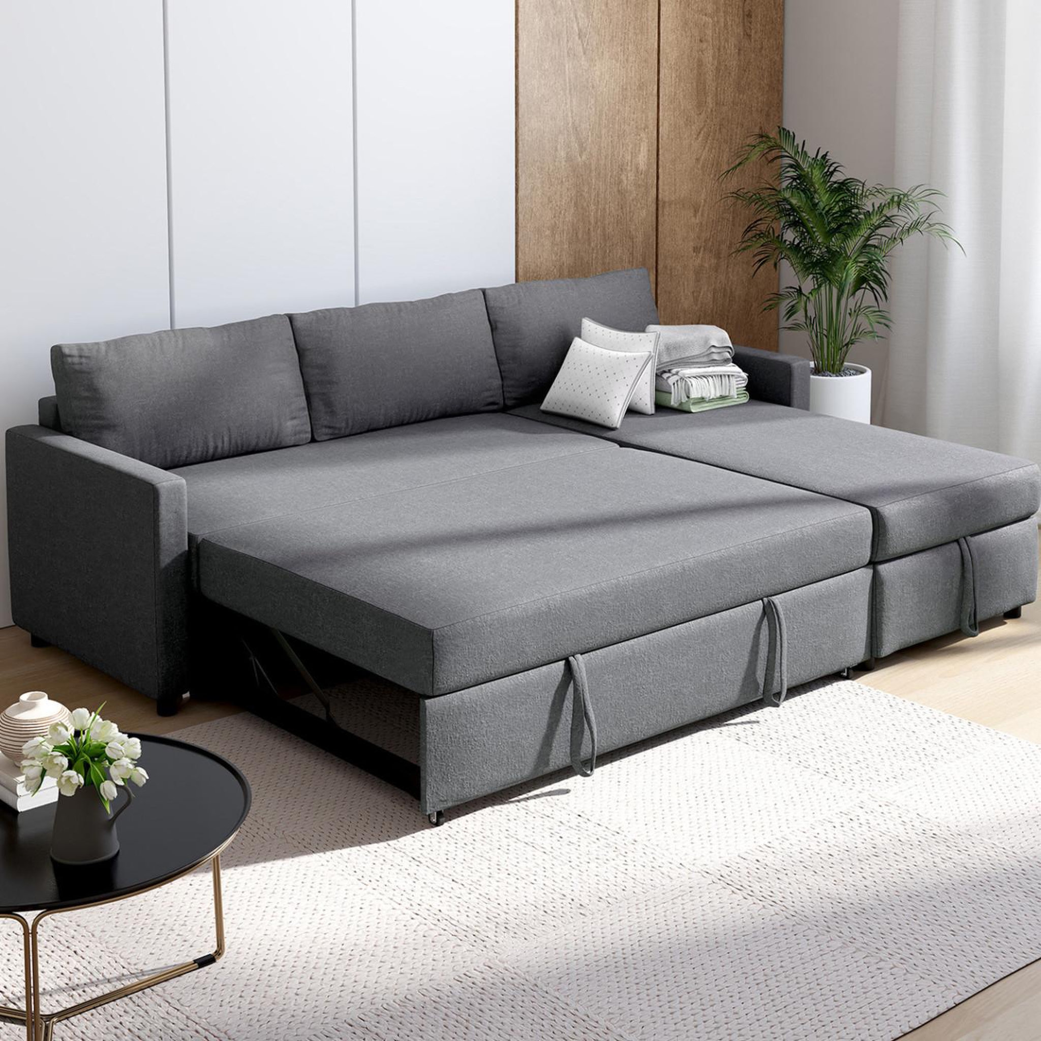 Voir la diapositive 4 : ID MARKET Canapé d'angle convertible avec méridienne coffre noah en tissu gris anthracite