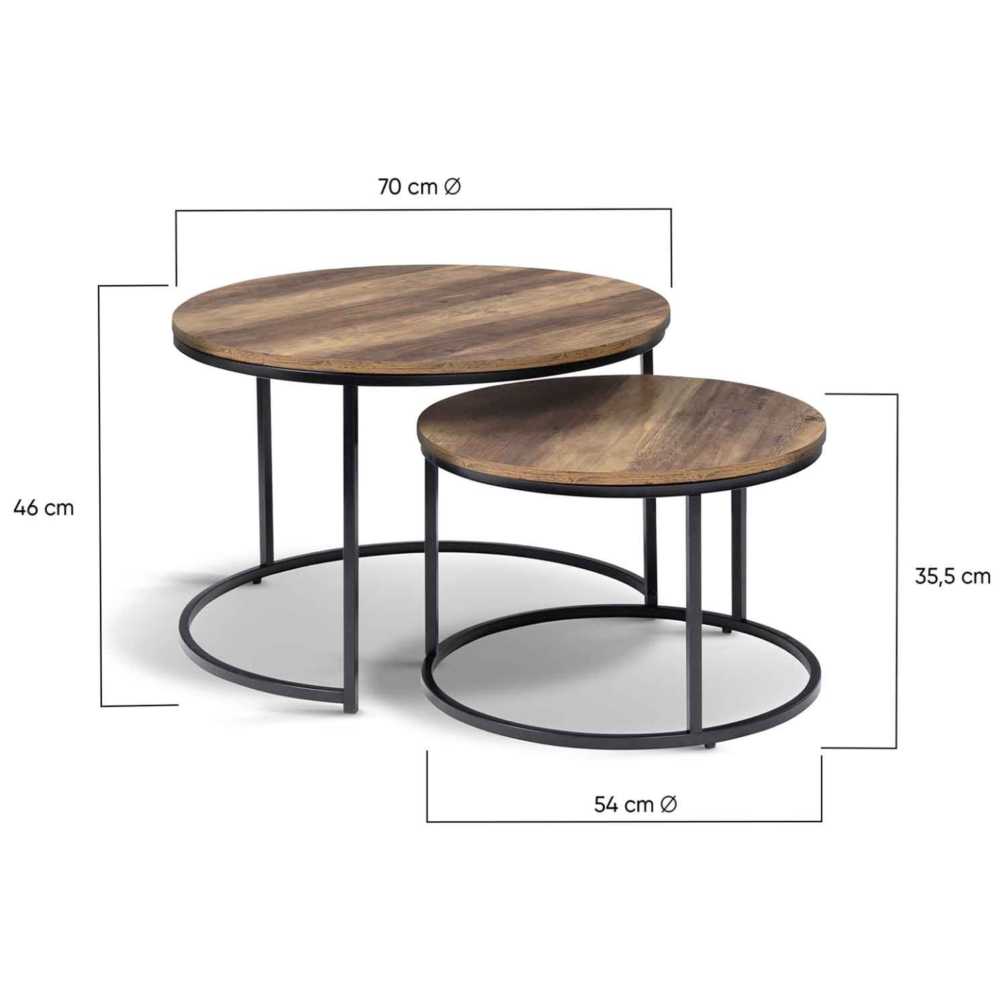 Voir la diapositive 5 : ID MARKET Lot de 2 tables basses gigognes hawkins rondes 54/70 bois foncé design industriel