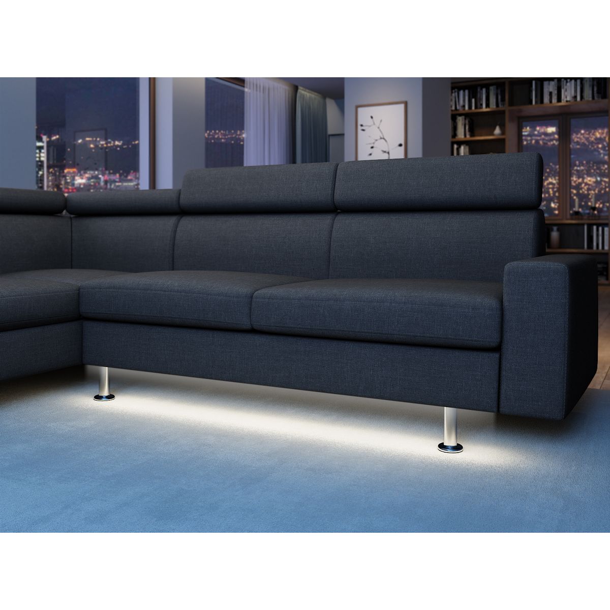 Canapé d'angle 4-5 places fixe avec LED - TOMY - Tissu gris chiné foncé - Angle gauche