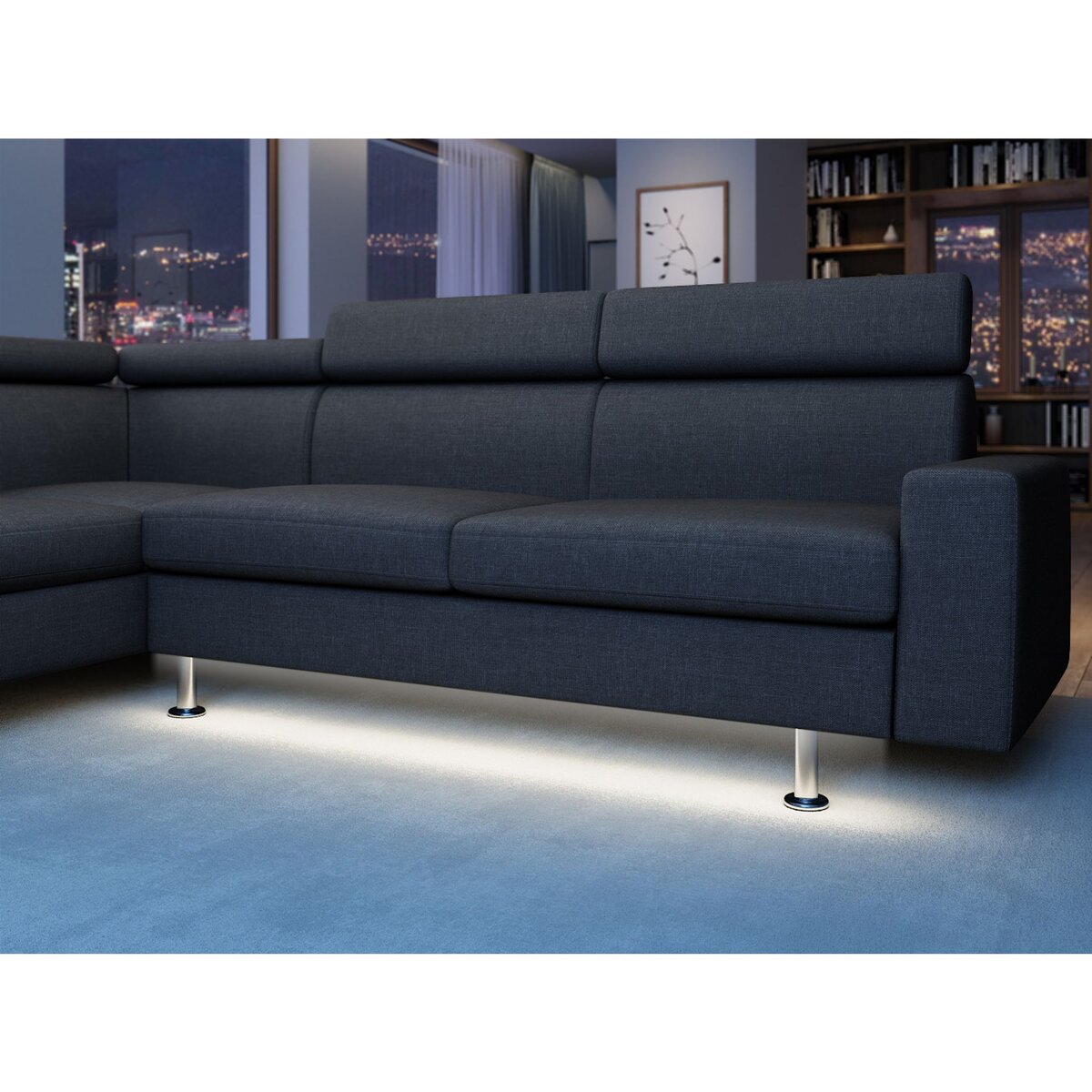 Canapé d'angle 4-5 places fixe avec LED - TOMY - Tissu gris chiné foncé - Angle gauche