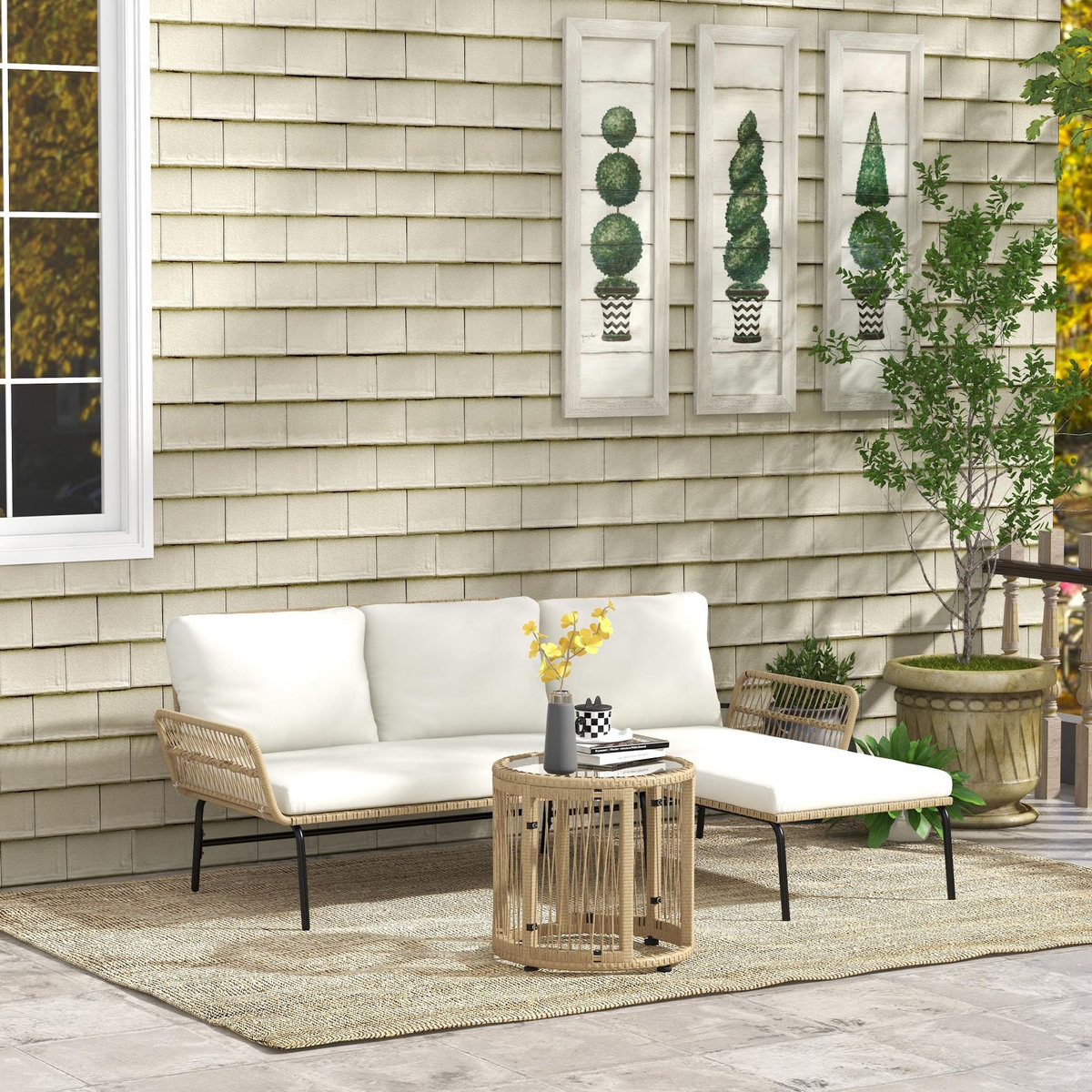 OUTSUNNY Salon de jardin d'angle 3 places résine tressée avec table basse et coussins