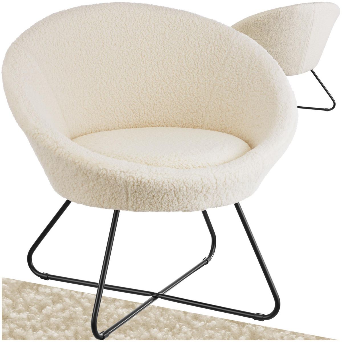 tectake Fauteuil cocktail rembourré avec revêtement en velours Bouclé blanc cassé