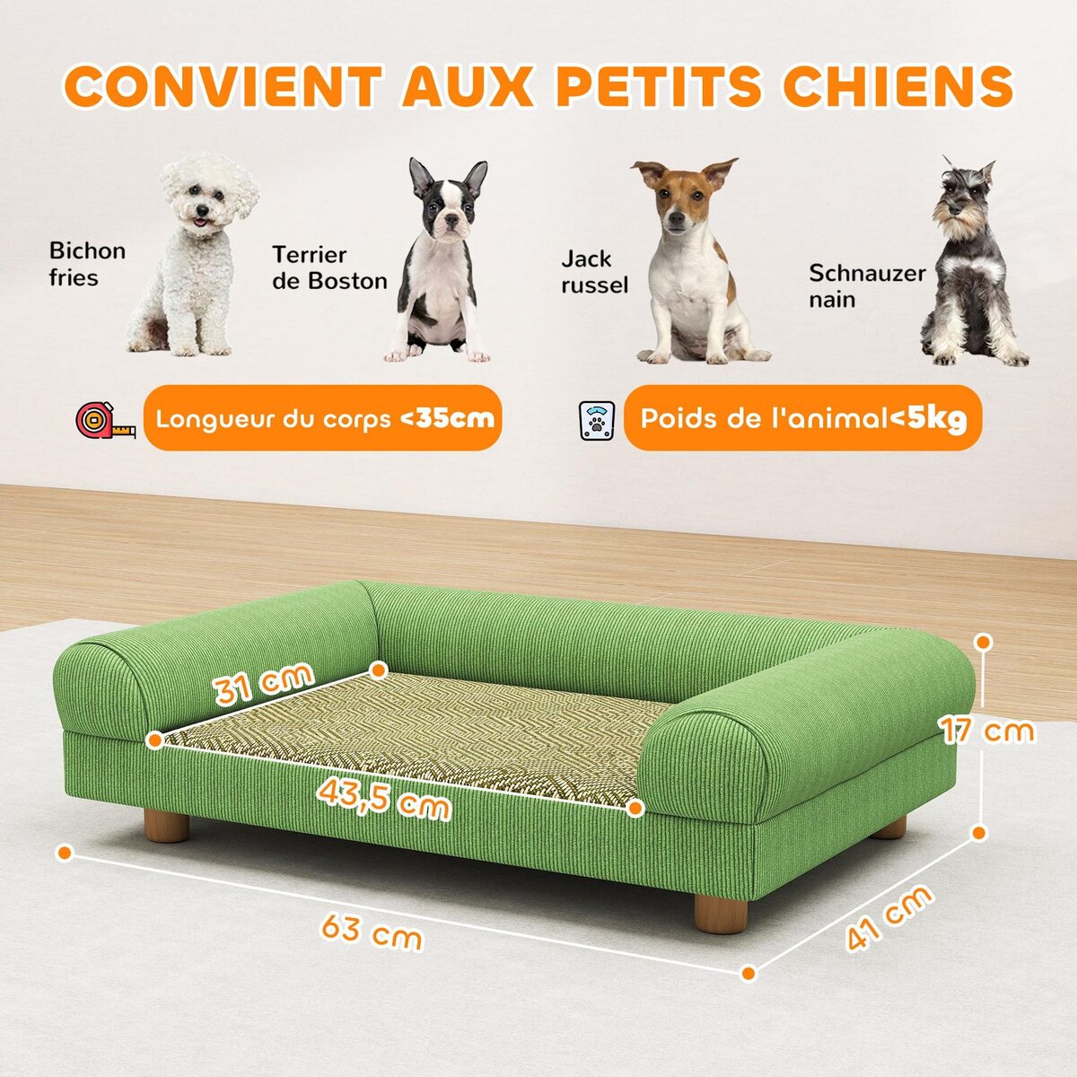 PAWHUT Canapé chien style nordique velours côtelé avec accoudoirs dossier dim. 63x41x17cm bois vert