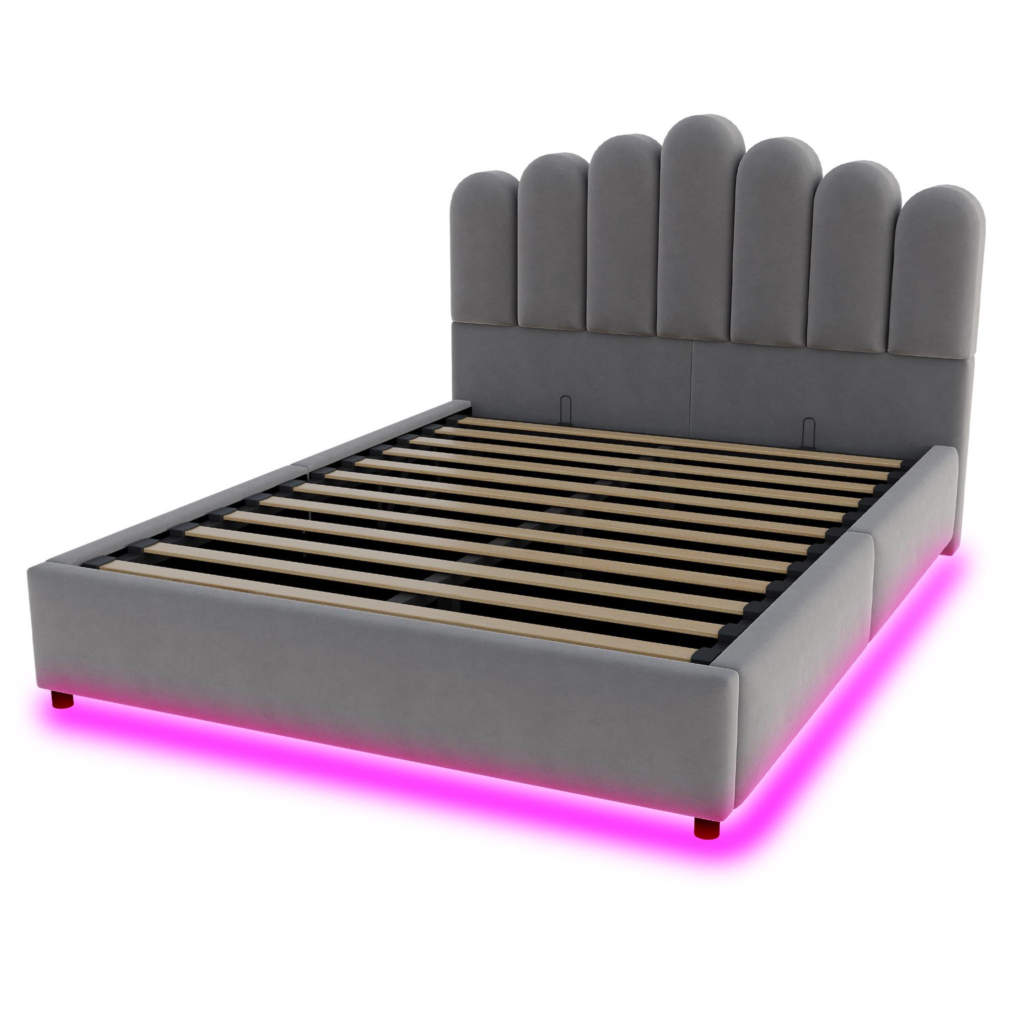 Voir la diapositive 6 : MERAX Lit coffre velours avec led, tête de lit capitonnée et sommier à lattes