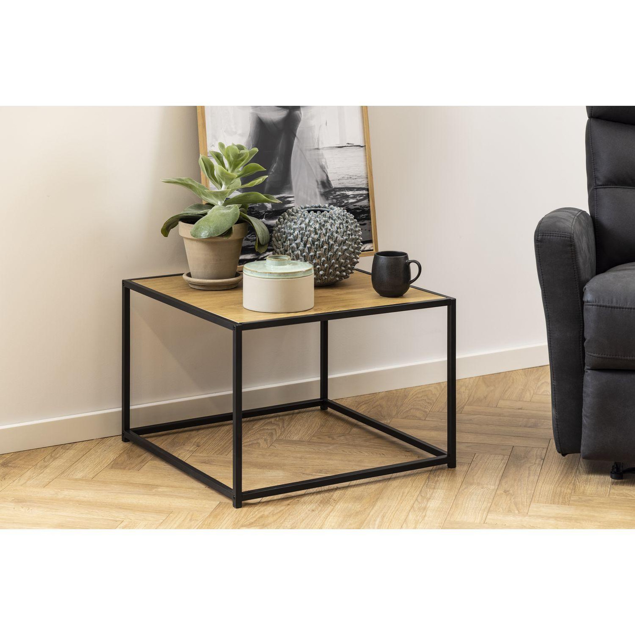 Voir la diapositive 4 : TOILINUX Table basse carré en mdf et métal - beige et noir