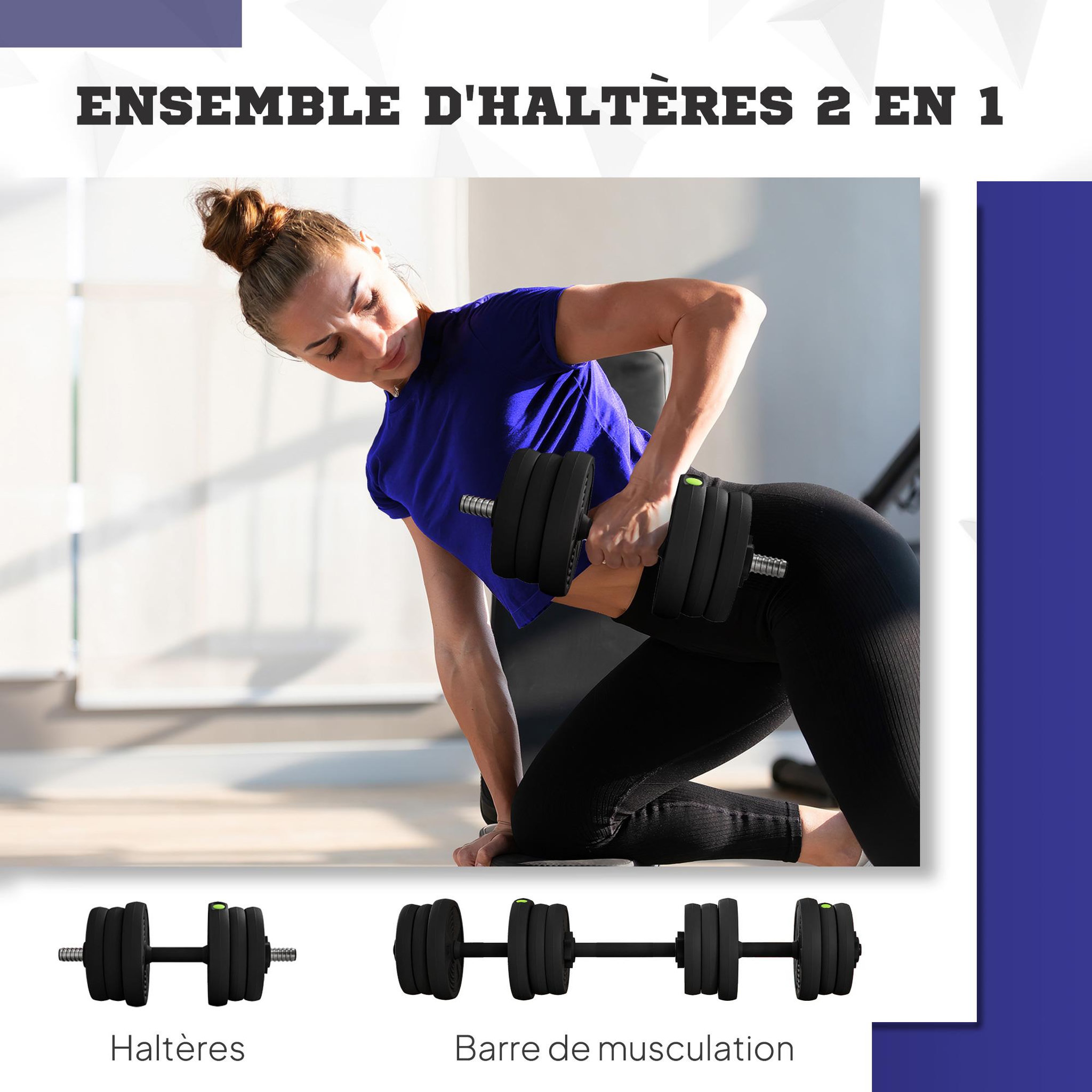 Voir la diapositive 4 : HOMCOM Haltères 2 en 1 réglables - haltères libres 20 kg - barres incluses - entraînement musculaire & haltérophilie - noir vert