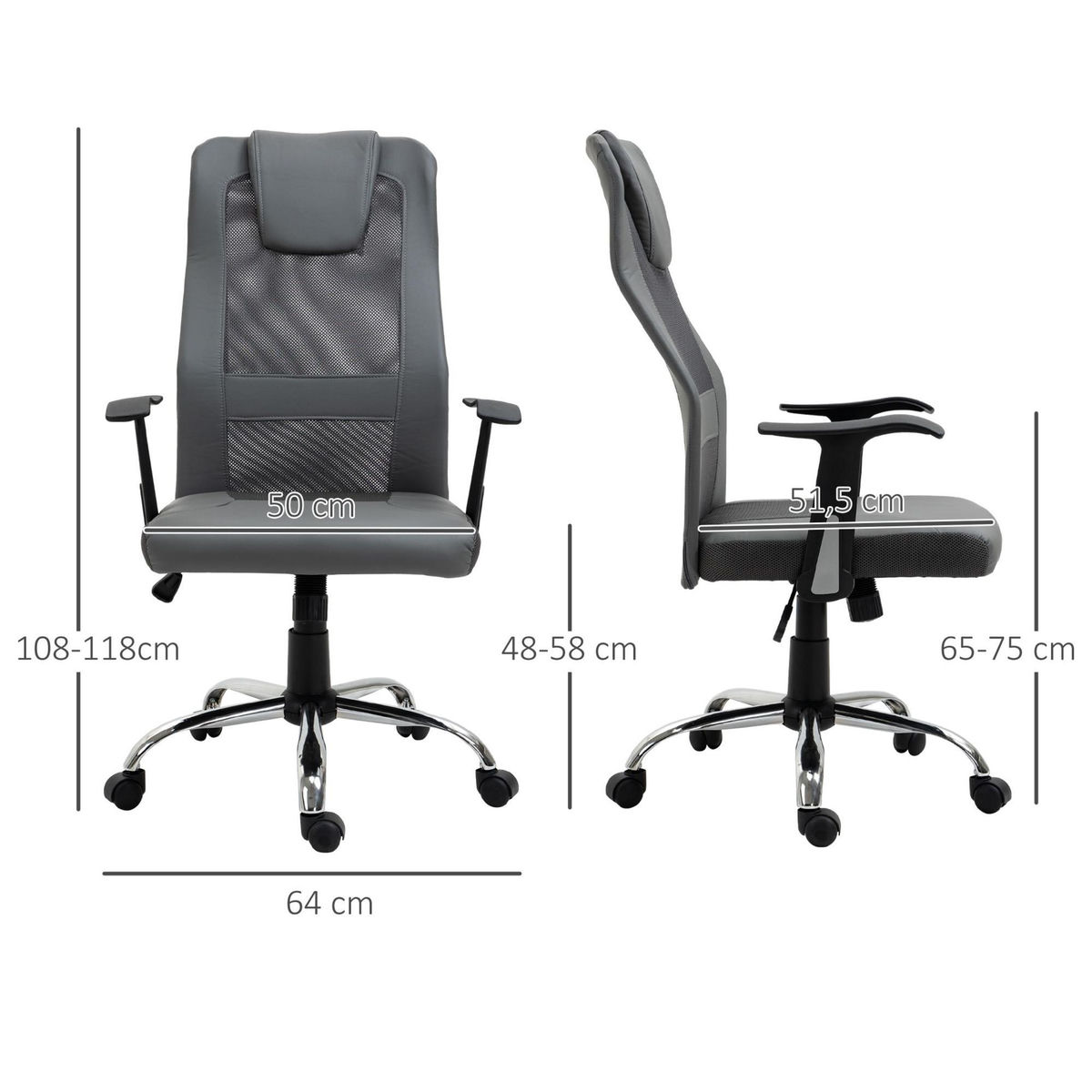 HOMCOM Fauteuil de bureau ergonomique hauteur assise réglable pivotant 360° revêtement synthétique et maille gris
