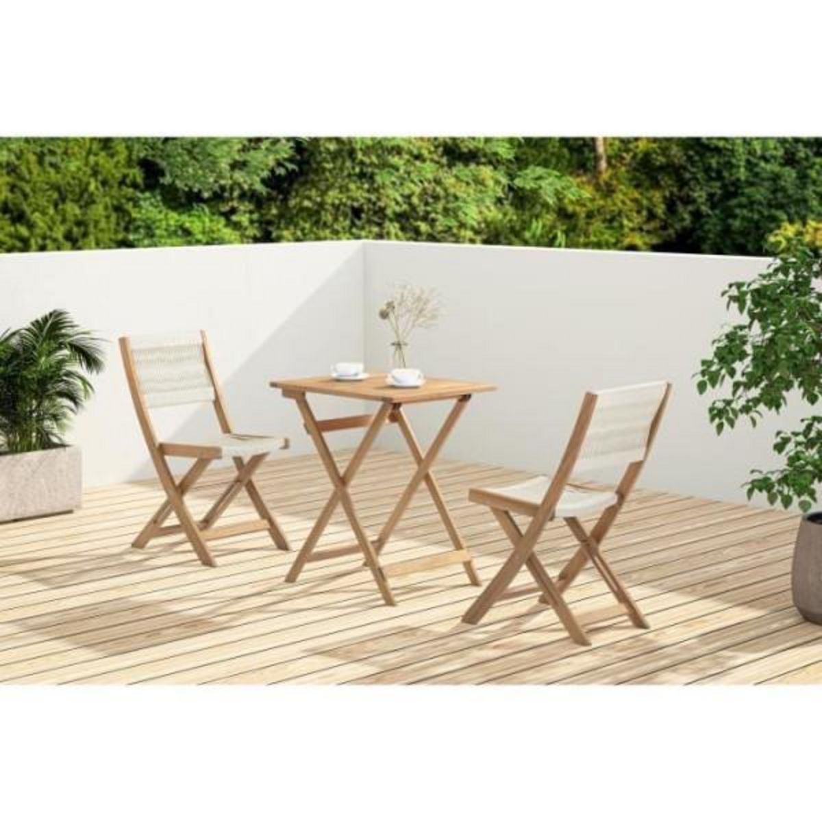 MARKET24 Set bistrot pliable en bois d'acacia FSC avec tressage en corde beige - 2 personnes - MAKENA