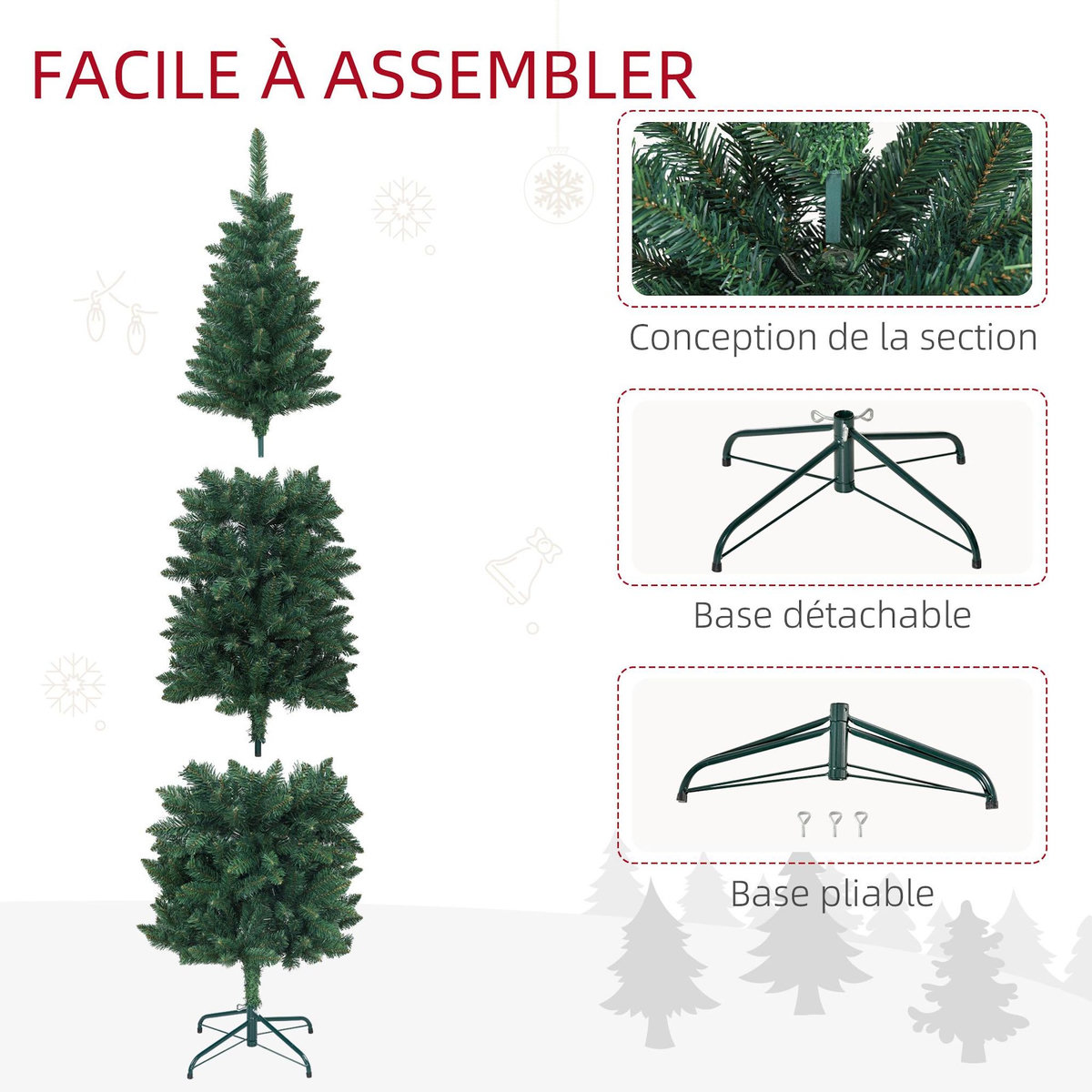 HOMCOM Sapin de Noël artificiel 180 cm slim avec support en acier pliable, 479 branches épines, décoration de Noël effet réaliste, vert