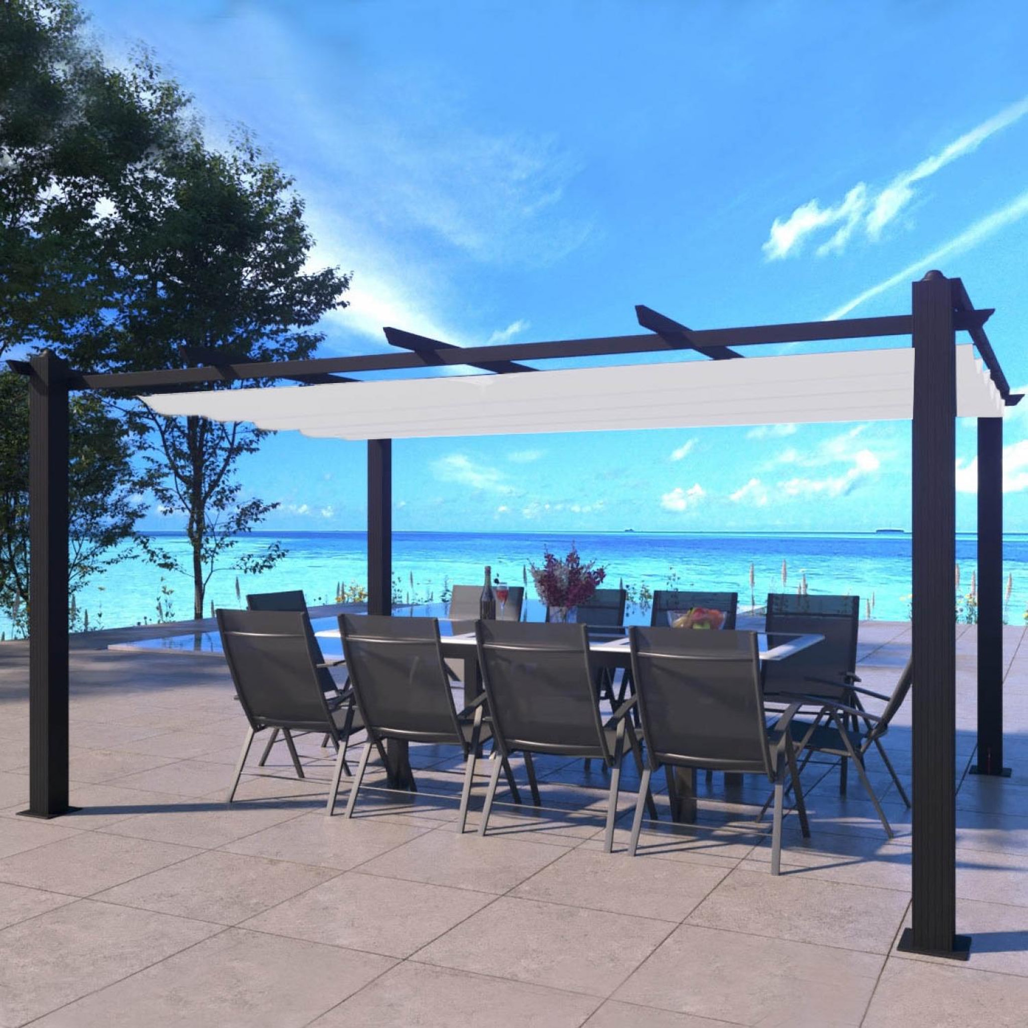 Voir la diapositive 2 : CONCEPT USINE Pergola auto-portée 3 x 4 m avec toile rétractable beige nila