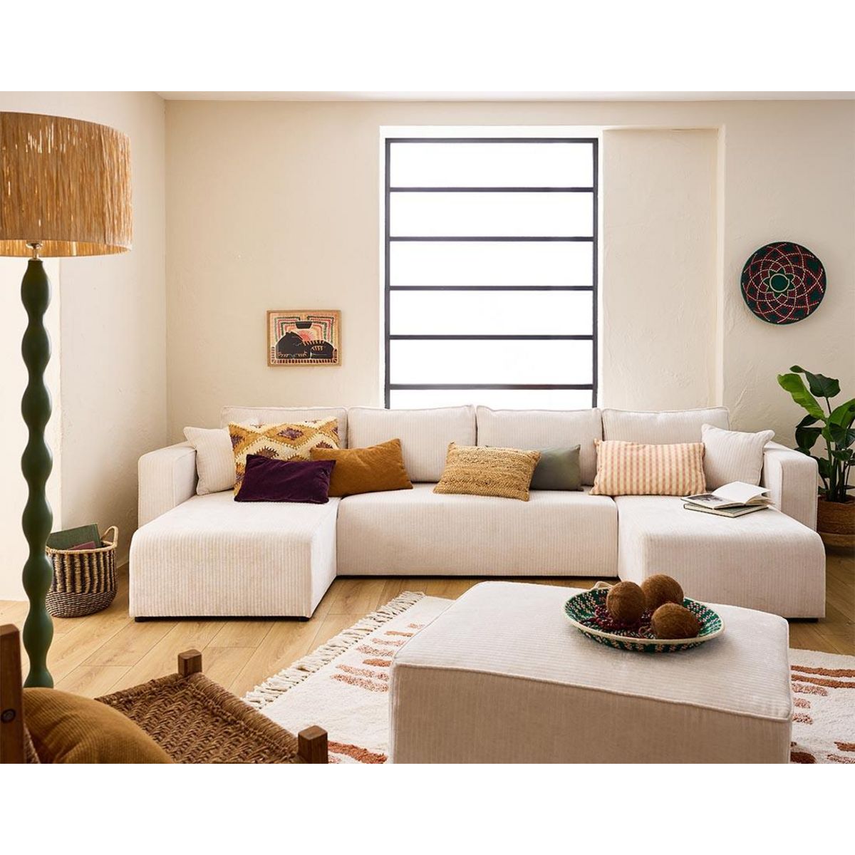 BEST MOBILIER Topaze - canapé panoramique en u - 7 places - convertible avec coffre - en velours côtelé plat