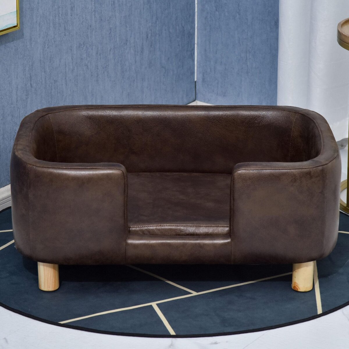 PAWHUT Canapé chien lit pour chien chat avec rebord coussin moelleux pieds bois massif dim. 74 x 48,5 x 31 cm revêtement micro-fibre chocolat