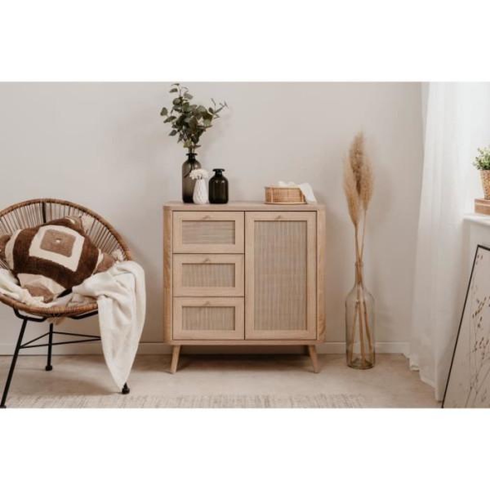 Voir la diapositive 2 : Commode - KUTA 01A - 1 porte - 3 tiroirs - Chene sonoma / Osier Palu - 80,9 x 84 x 40 cm