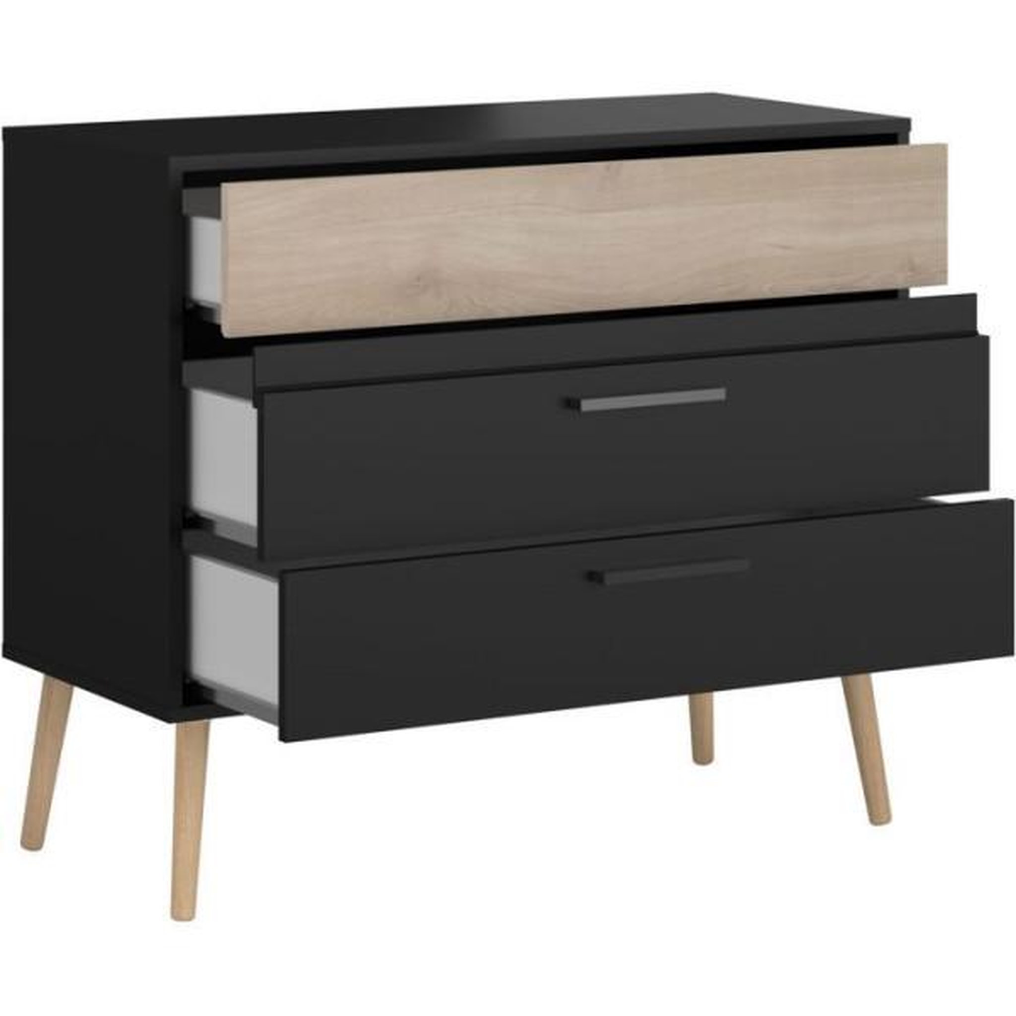 Voir la diapositive 4 : PARISOT Commode - AALBORG - 3 tiroirs - Décor Noir et chene - Style Scandinave - L90,8 x P39,9 x H77,5 cm - PARISOT