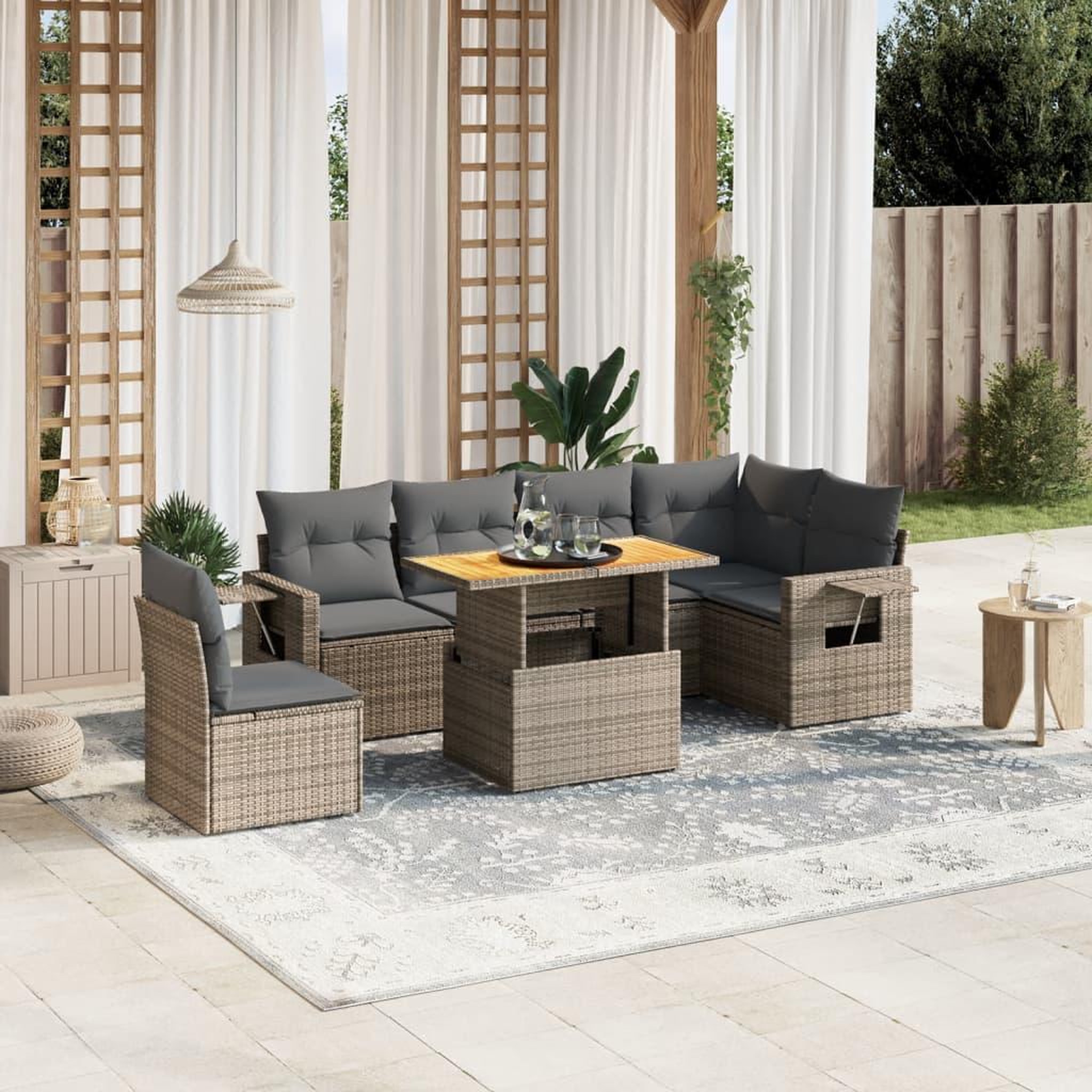 VIDAXL Salon de jardin avec coussins 7 pcs gris resine tressee