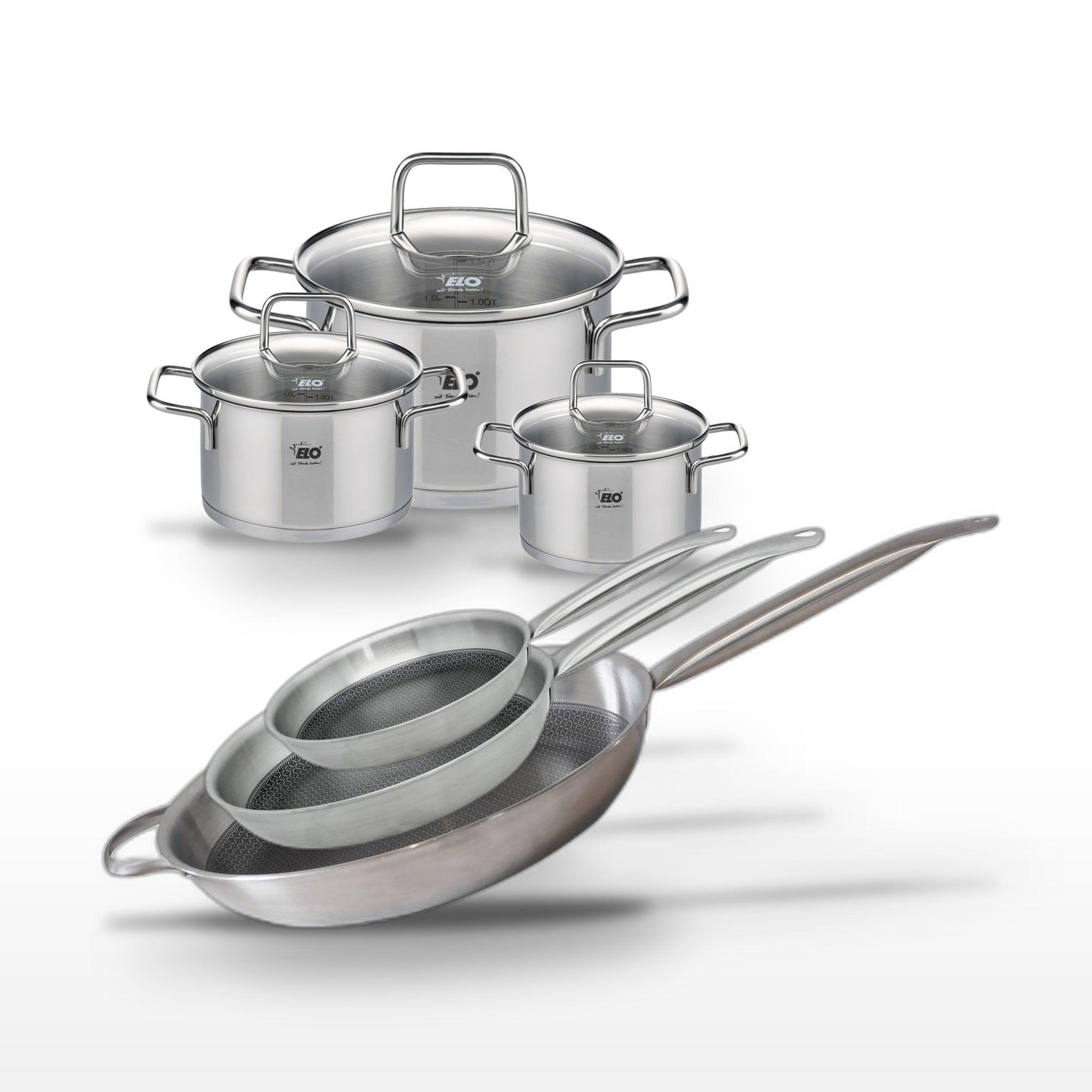 ELO Batterie de cuisine 3 poêles 24/28/32 cm et 3 faitouts 12/14/20 cm en inox elo collection relief solution citrin