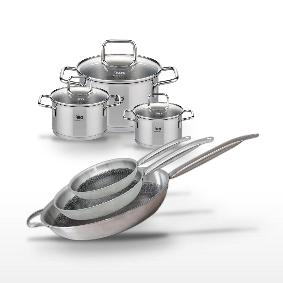 ELO Lot de 3 Poêles 24/28/32 cm Elo Relief Solution et 3 Faitouts Elo Citrin