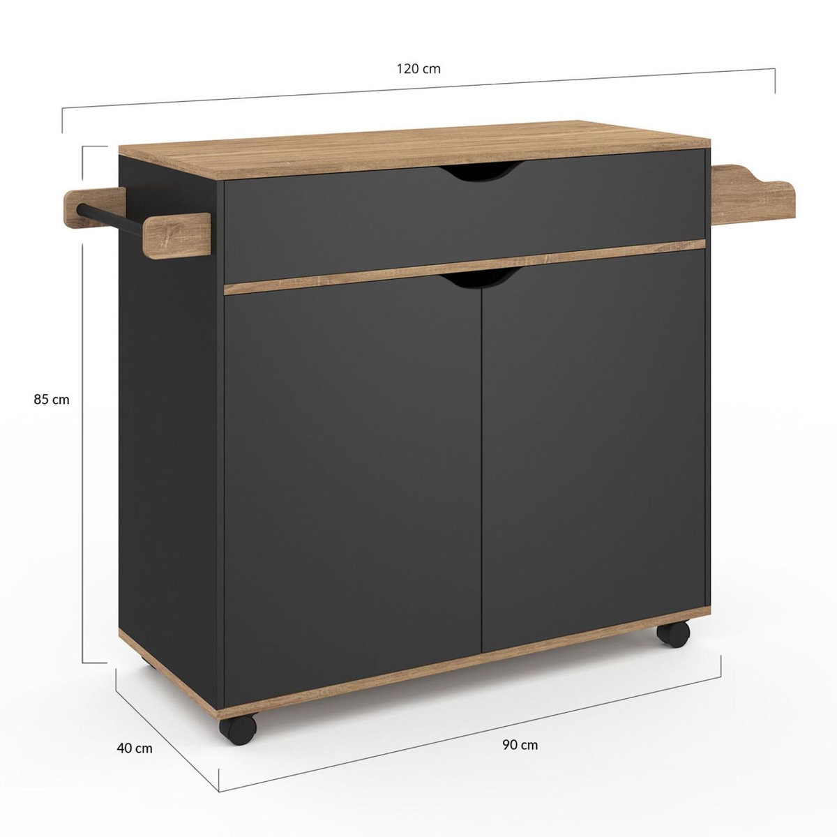 ID MARKET Desserte de cuisine COSY XXL placard avec tiroir noir et plateaux façon hêtre L.90 CM