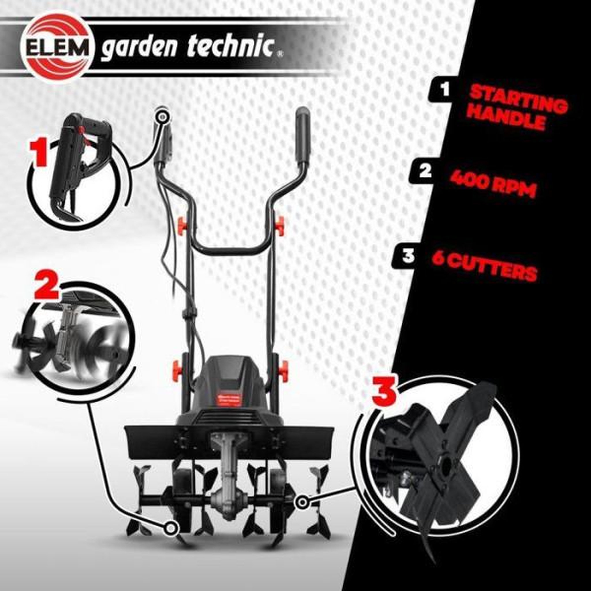 Voir la diapositive 3 : Elem Motobineuse électrique - elem garden - 1500 w - 6 fraises - 45 cm - mtbe1506w45