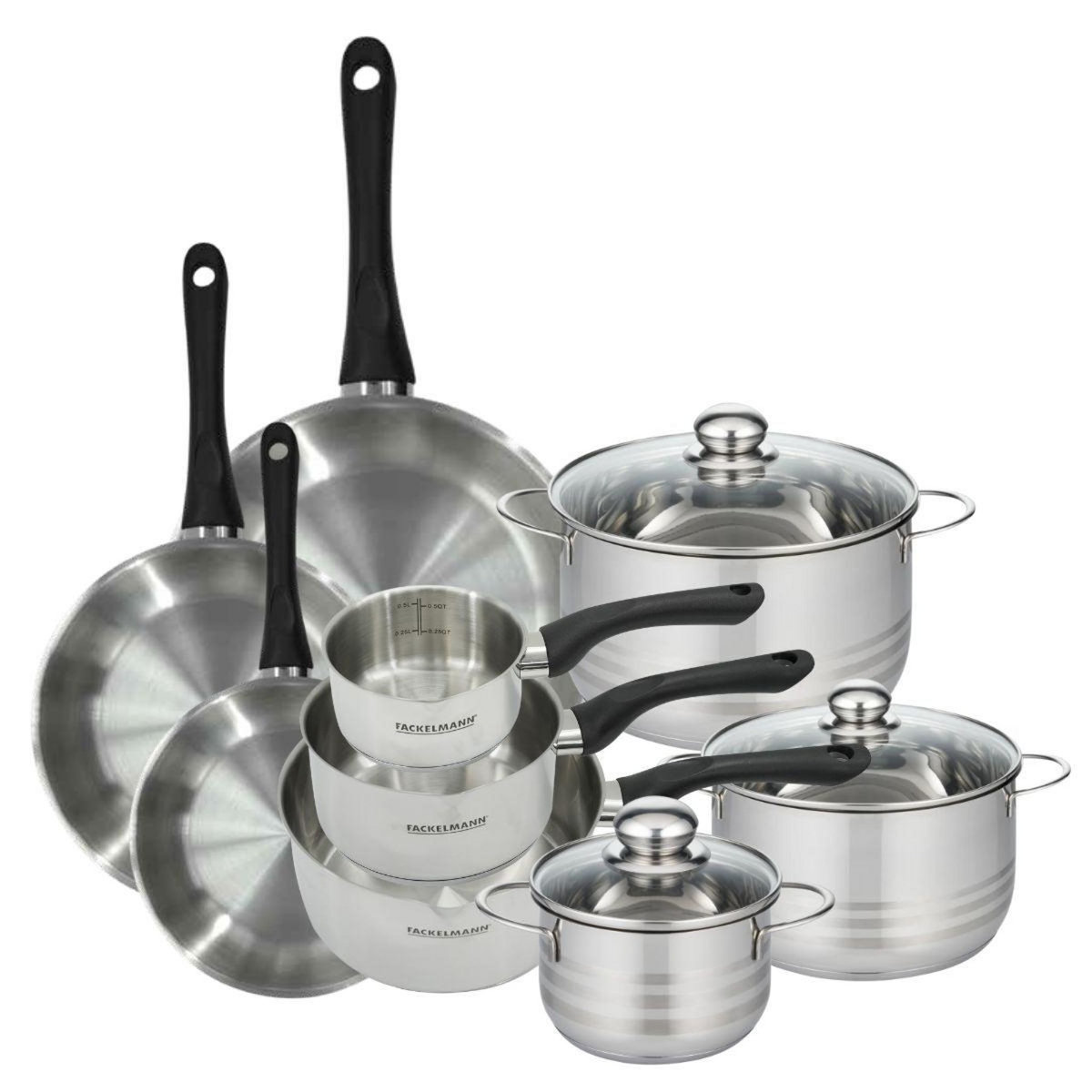 Fackelmann Set de 3 poêles 20 24 28 cm, 3 casseroles 12 16 20 cm et 3 faitouts 16, 20 et 24 cm en inox Fackelmann Geneva