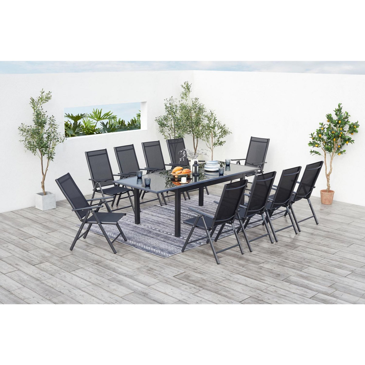 CONCEPT USINE Table de jardin et 10 chaises en aluminium gris RAVENNE
