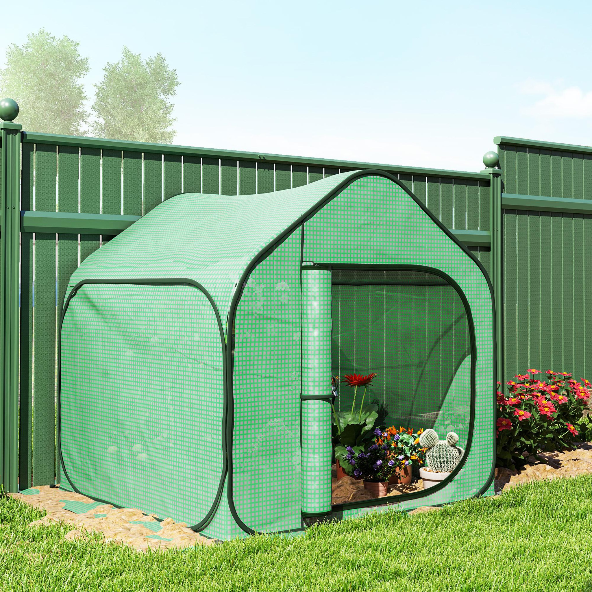 Voir la diapositive 4 : OUTSUNNY Mini serre de jardin pop up - porte zippée - dim. 150 x 148 x 148 cm - acier pe vert
