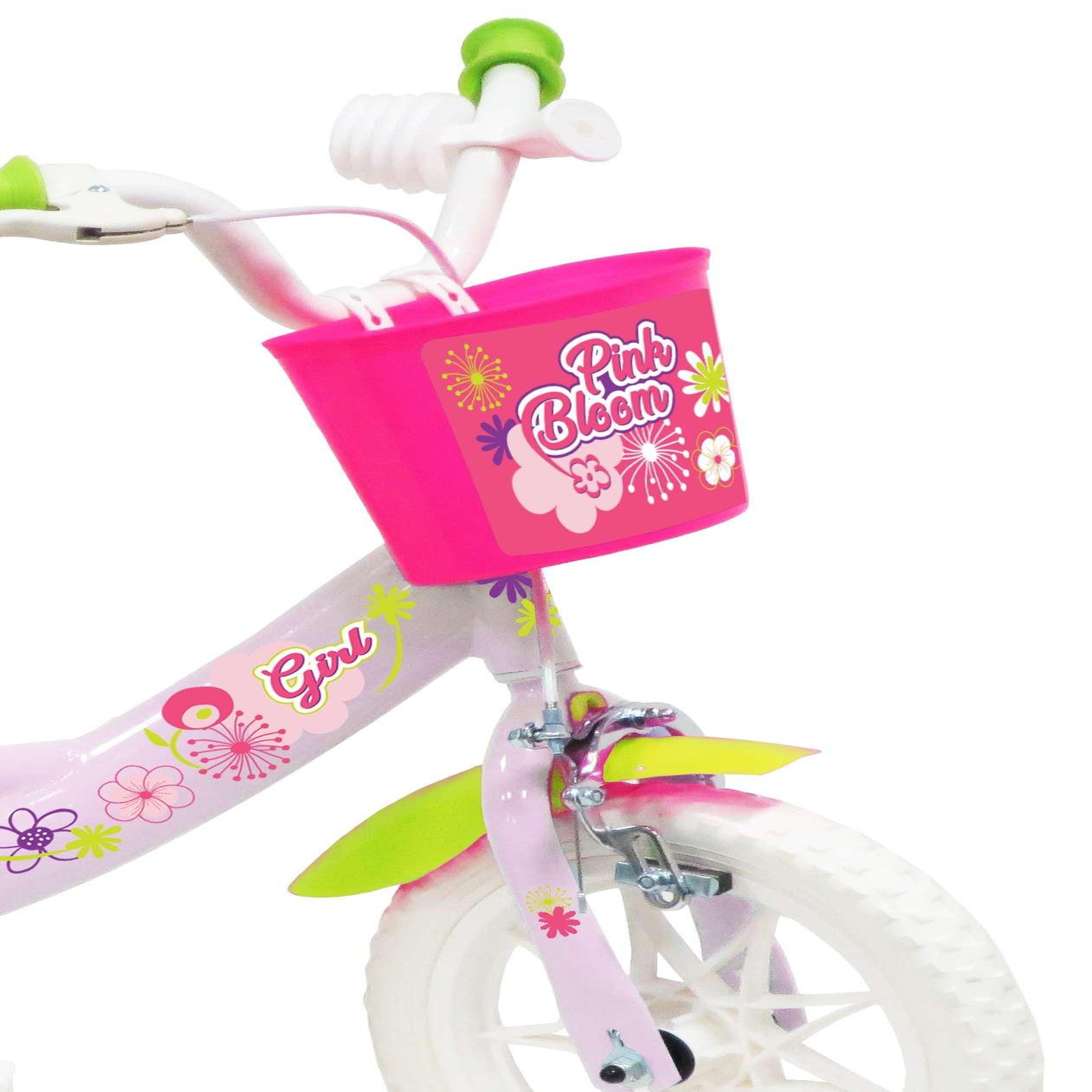 Voir la diapositive 4 : Vélo enfant - Modèle 12'' Pink Bloom pour enfant de 85 à 100 cm - 1 Frein - Panier avant - Porte poupée arrière et roues bâtons