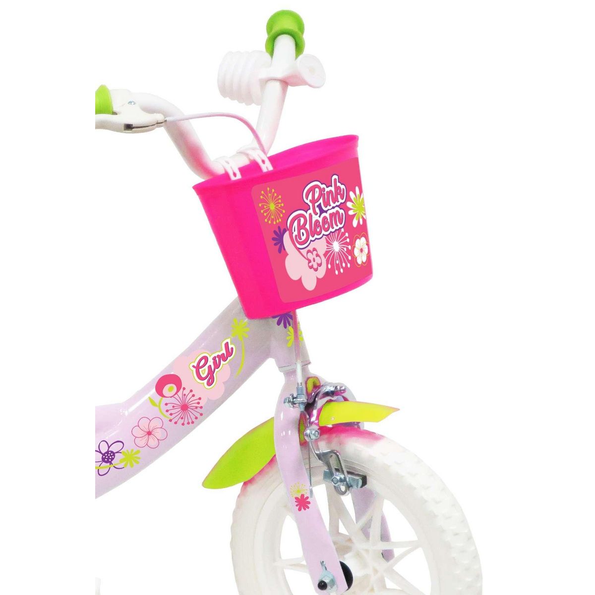 Vélo enfant - Modèle 12'' Pink Bloom pour enfant de 85 à 100 cm - 1 Frein - Panier avant - Porte poupée arrière et roues bâtons