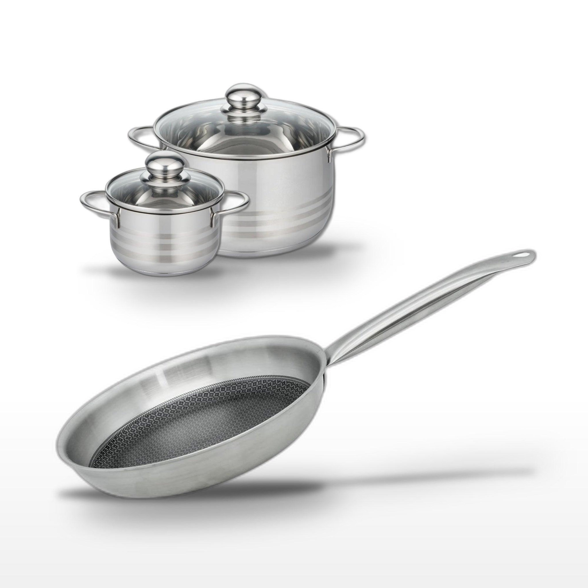 ELO Batterie de cuisine avec 1 poêle 28 cm en aluminium et 2 faitouts 14/20 cm en inox sans pfas elo collection relief solution brillant