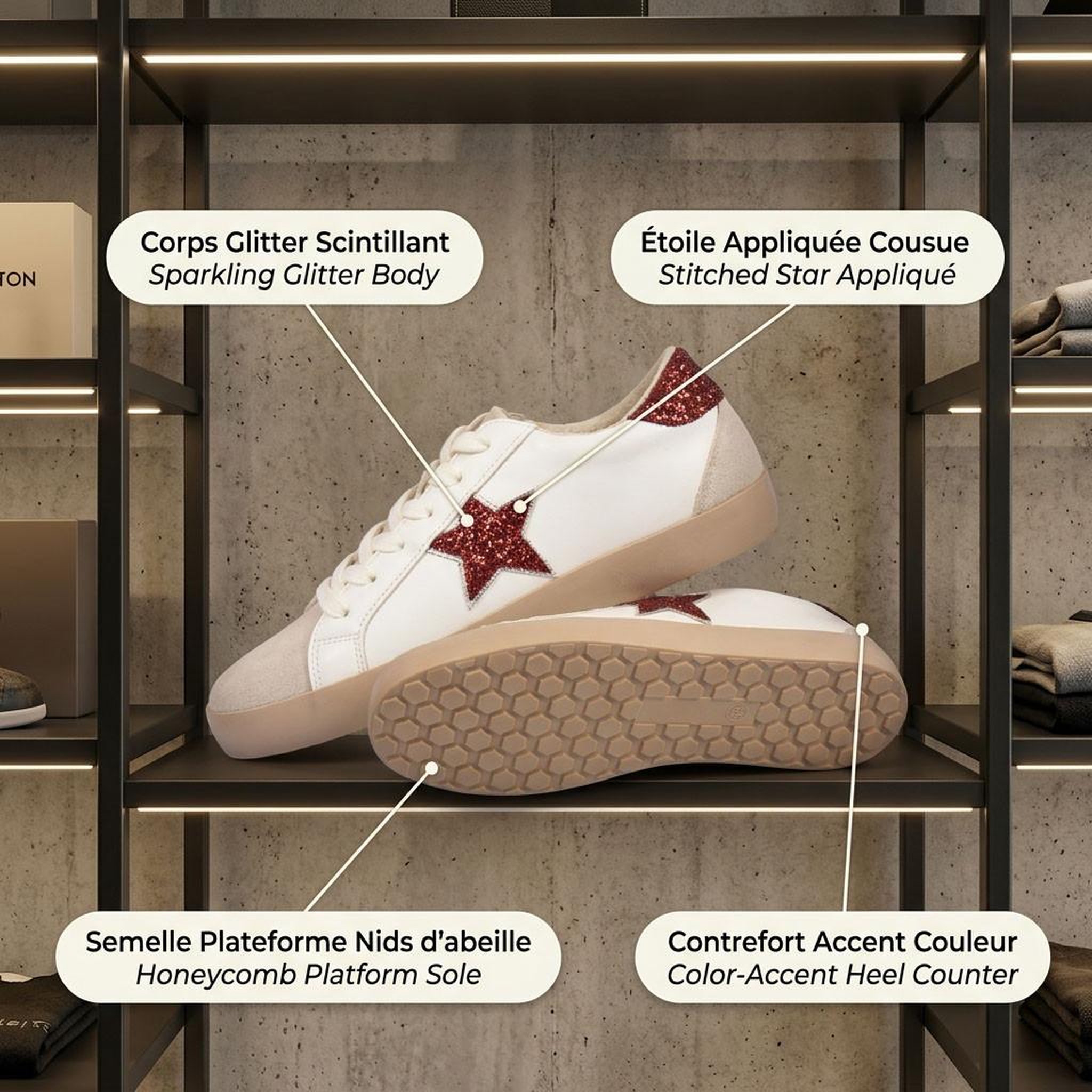 Voir la diapositive 4 : OZABI OZABI Sneakers Étoile Femme Glitter Plateforme MMXXIV