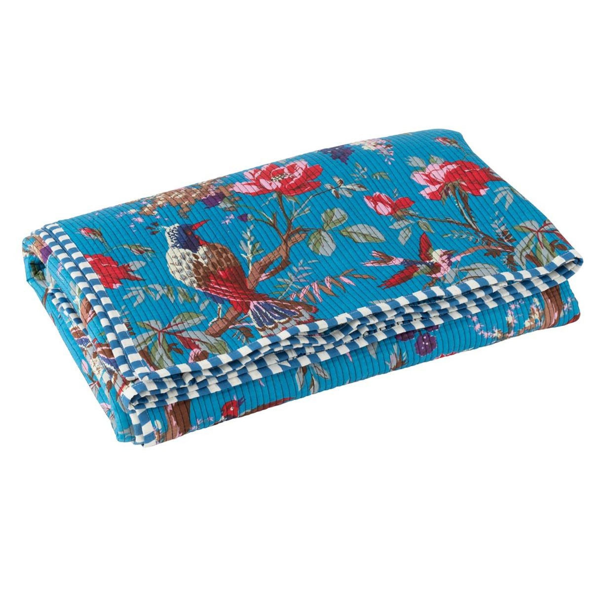 Paris Prix Plaid en Coton  Oiseaux Fleurs  130x180cm Bleu