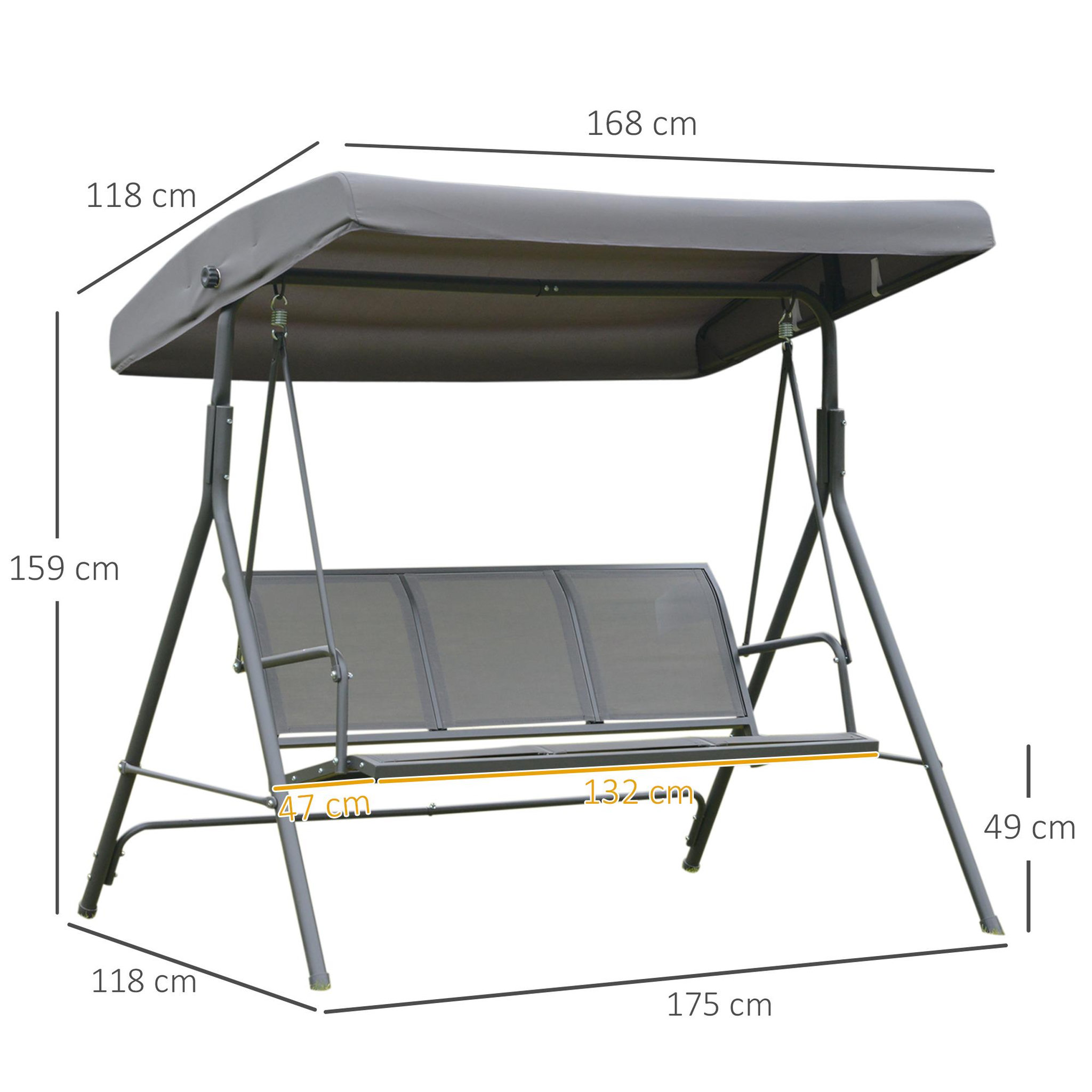 Voir la diapositive 3 : OUTSUNNY Balancelle de jardin 3 places grand confort toit inclinaison réglable assise et dossier ergonomique acier textilène gris