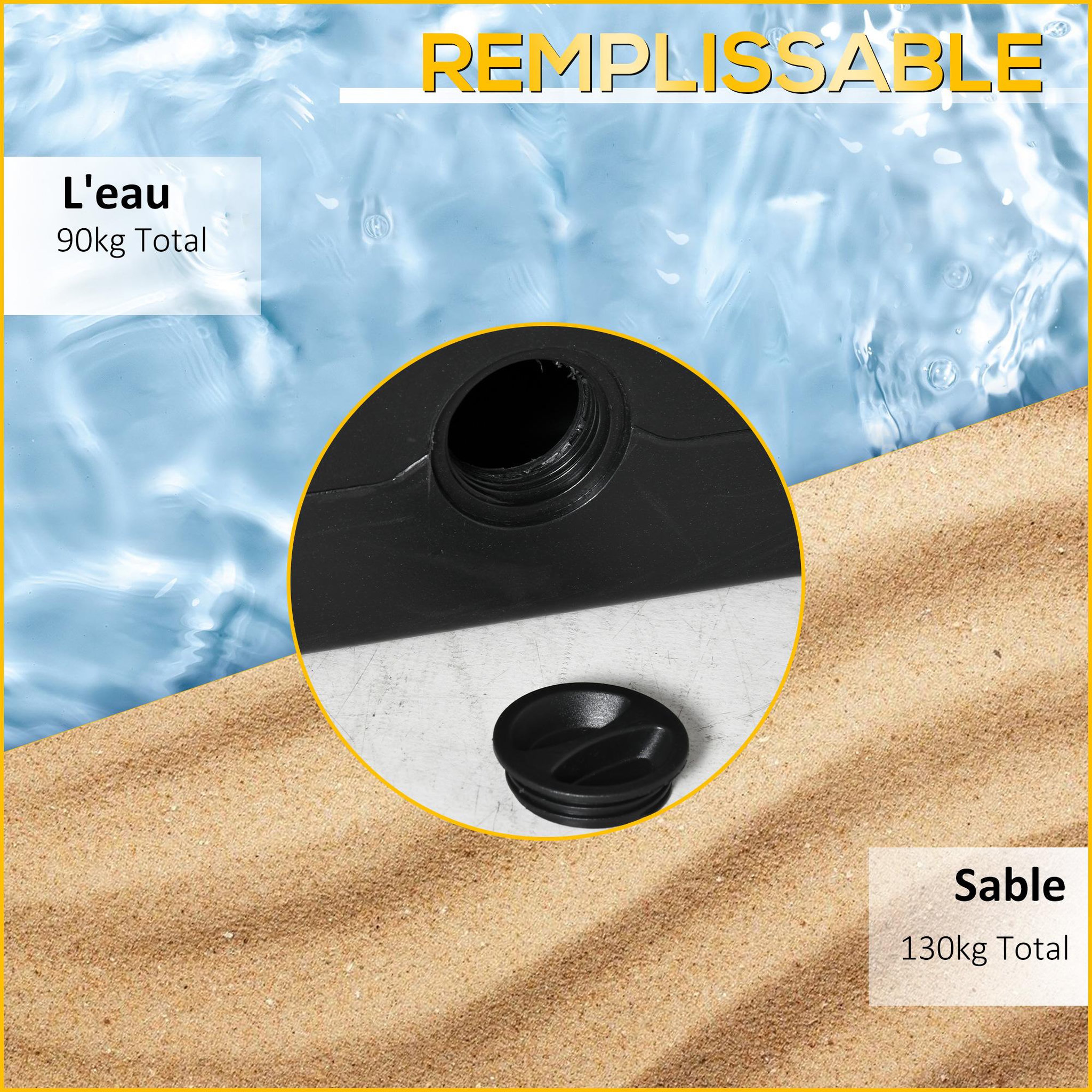 Voir la diapositive 6 : OUTSUNNY Lot de 4 poids de lestage avec poignées - compatibilité parasols déportés piètement croix - HDPE texturé noir