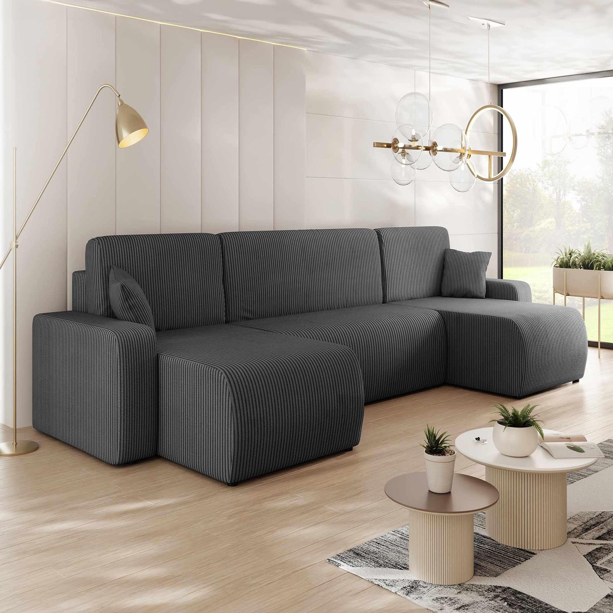 Voir la diapositive 1 : BEST MOBILIER Artemisa - canapé panoramique en u - 7 places - convertible avec coffre - en velours côtelé