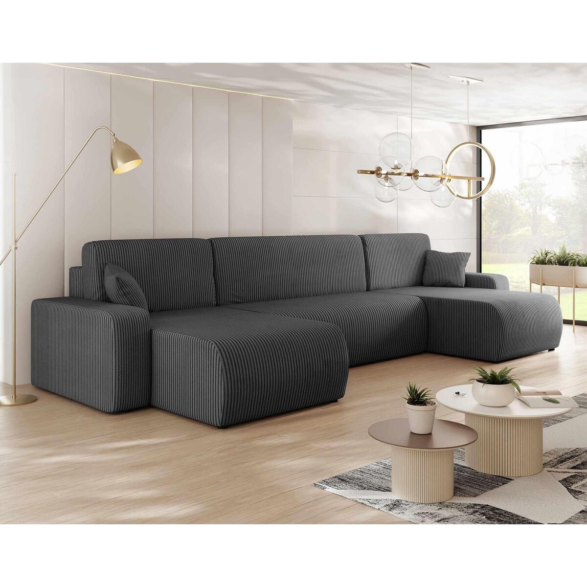 BEST MOBILIER Artemisa - canapé panoramique en u - 7 places - convertible avec coffre - en velours côtelé