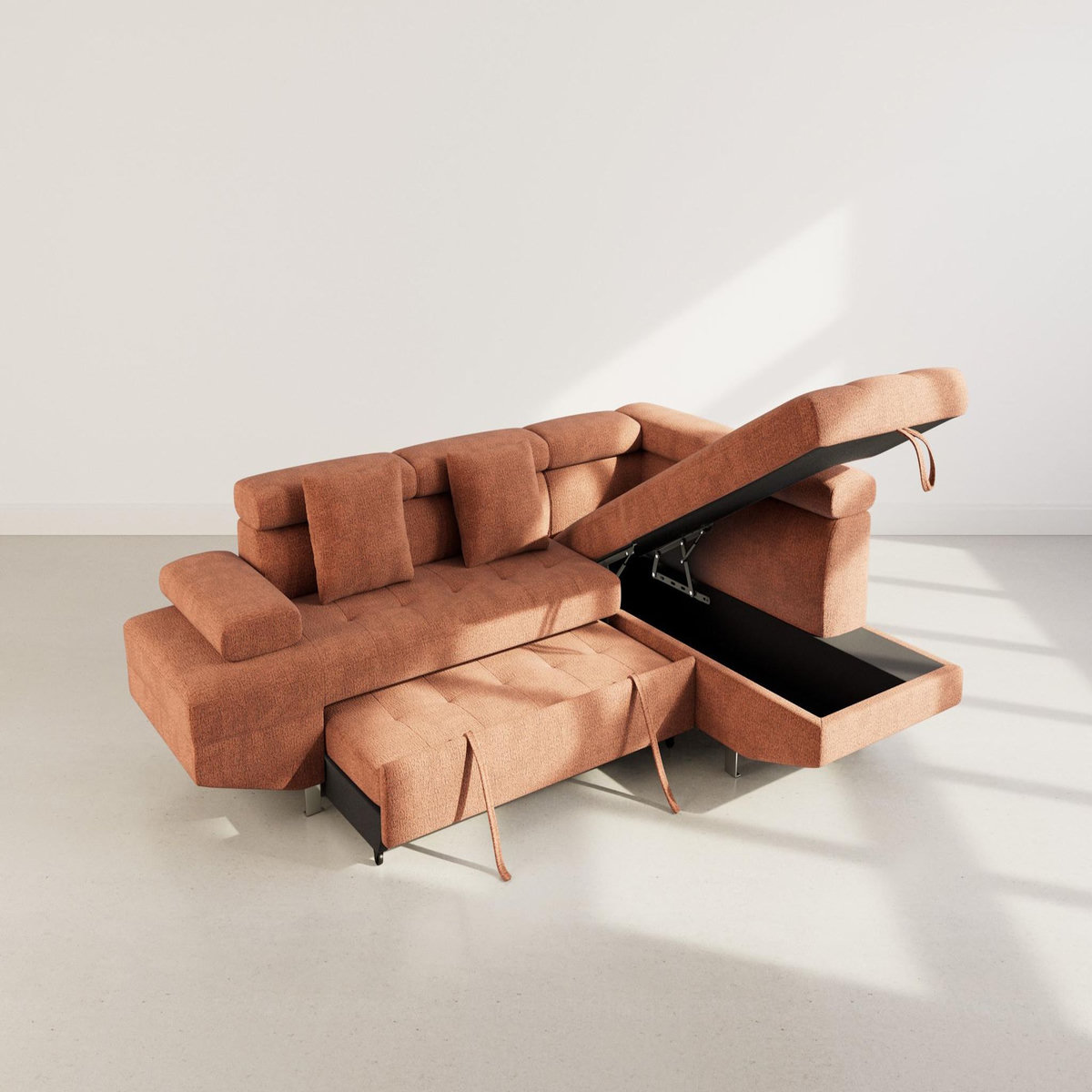 BEST MOBILIER Margaux - canapé d'angle droit 5 places convertible avec coffre et têtières réglables en velours texturé