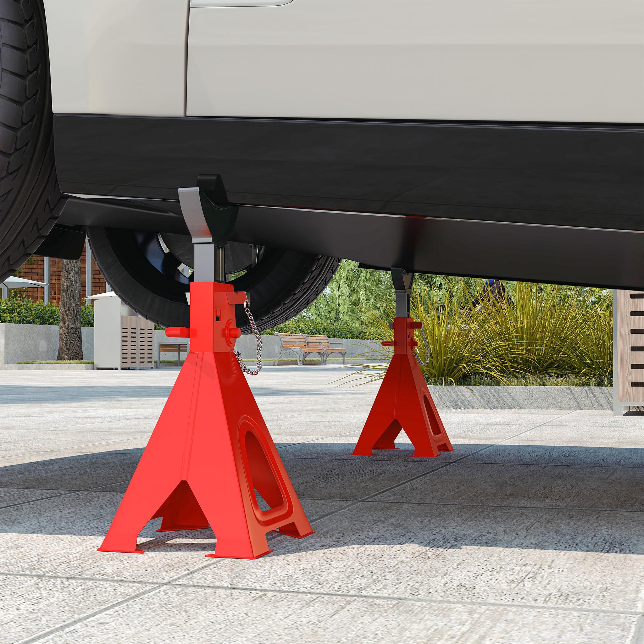 Voir la diapositive 2 : HOMCOM Lot de 2 chandelles - jusqu'à 6000 Kg par chandelle - H.375-592 mm - 4 pieds - acier rouge noir