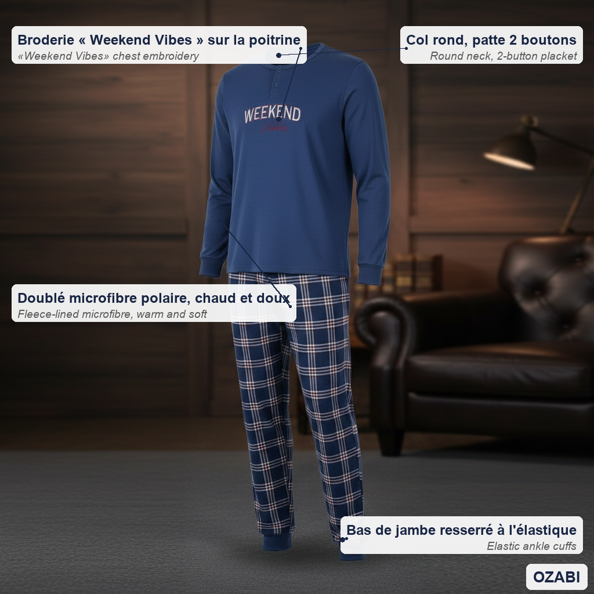 Voir la diapositive 5 : OZABI Ozabi ensemble pyjama homme doublé polaire broderie weekend vibes