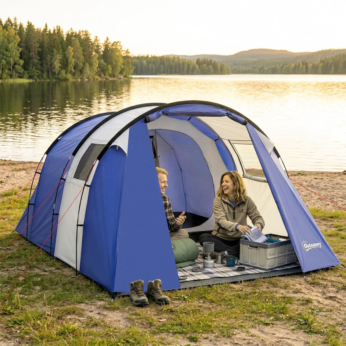 OUTSUNNY Tente de camping 4 pers. chambre + séjour imperméable 3000mm - 4,20x3x2m - bleu