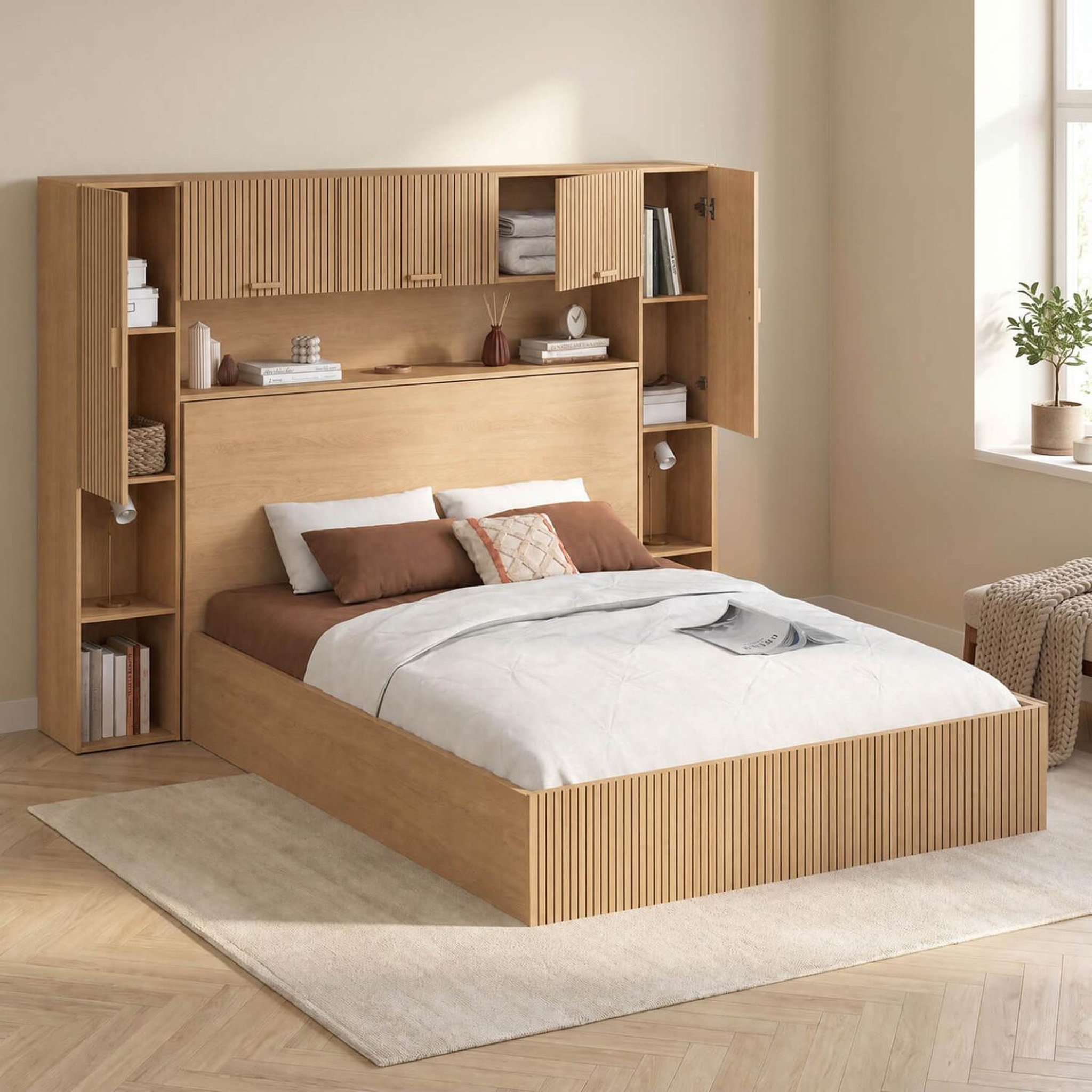 Voir la diapositive 4 : ID MARKET Lit pont coffre double JULIETTE armoire avec rangements et sommier 140 x 190 cm effet lattes tasseau de bois