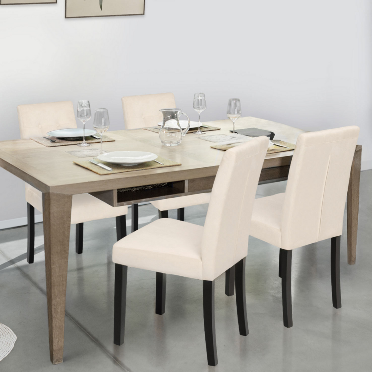 ID MARKET Lot de 4 chaises POLGA capitonnées en velours beige pieds noirs