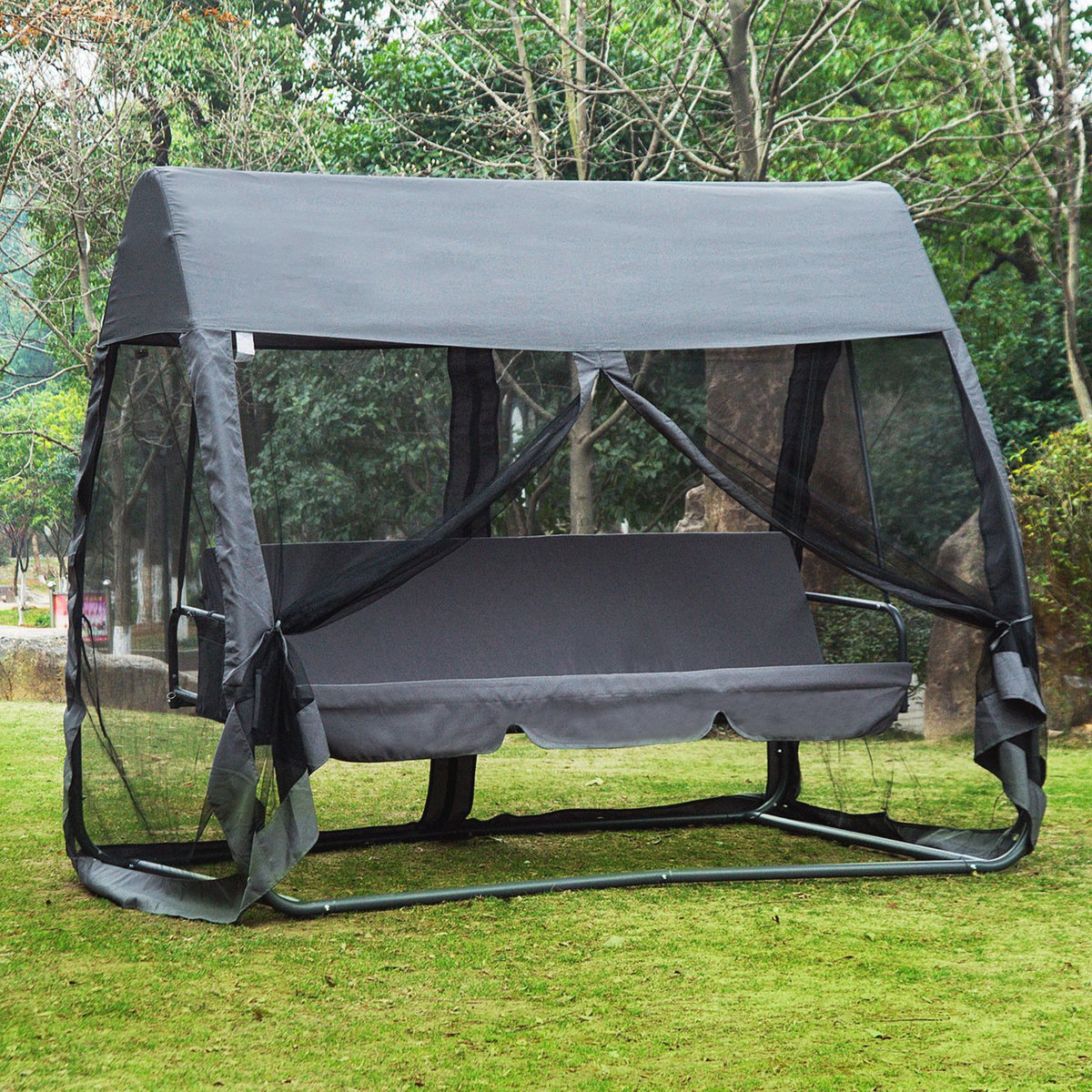 OUTSUNNY Balancelle de jardin convertible 3 places grand confort : matelas assise dossier, moustiquaire intégrale zippée avec toit,  pochette rangement métal époxy polyester gris