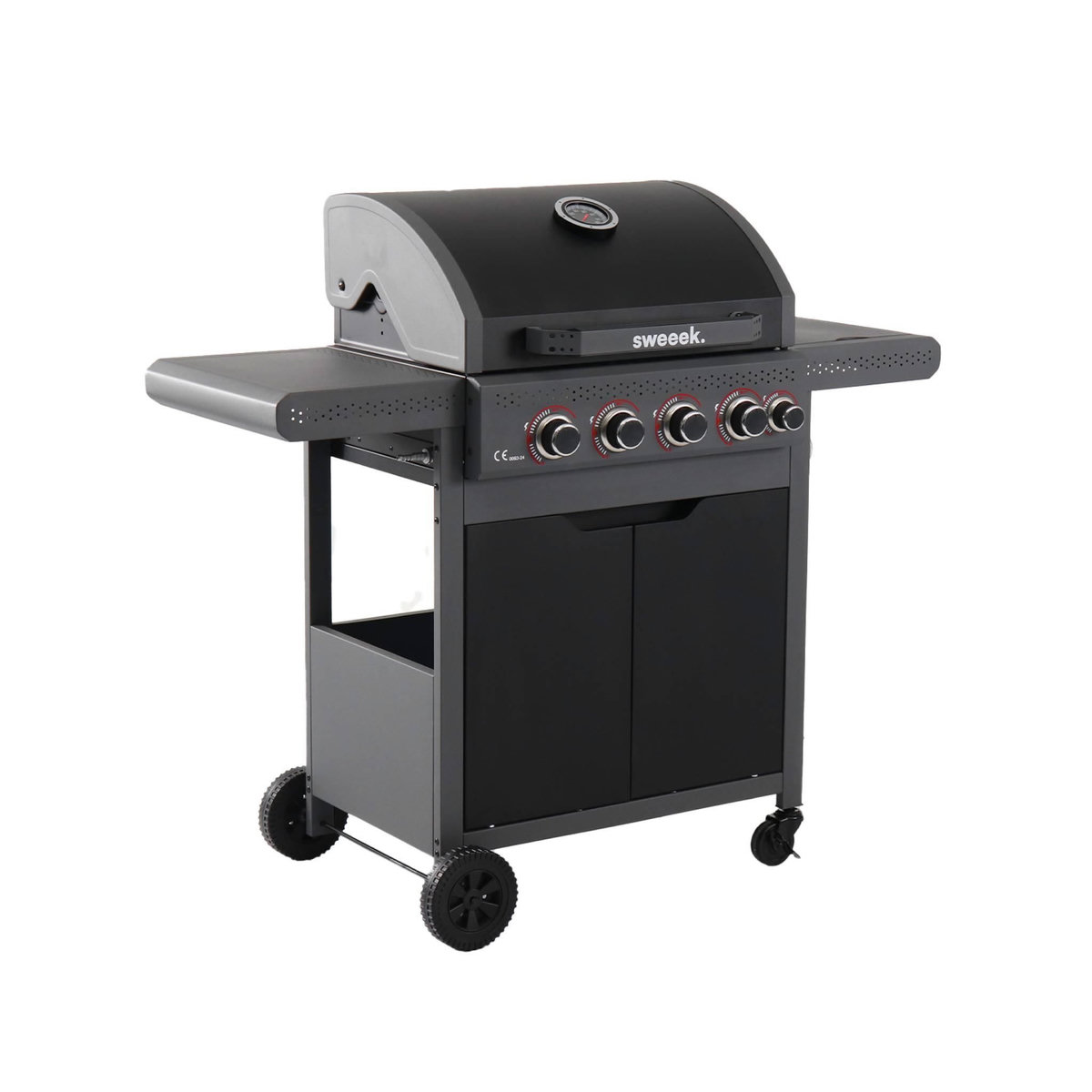 SWEEEK Barbecue au gaz Edmond noir. 4 brûleurs + 1 feu latéral. avec thermomètre. L 122x P62 x H143 cm