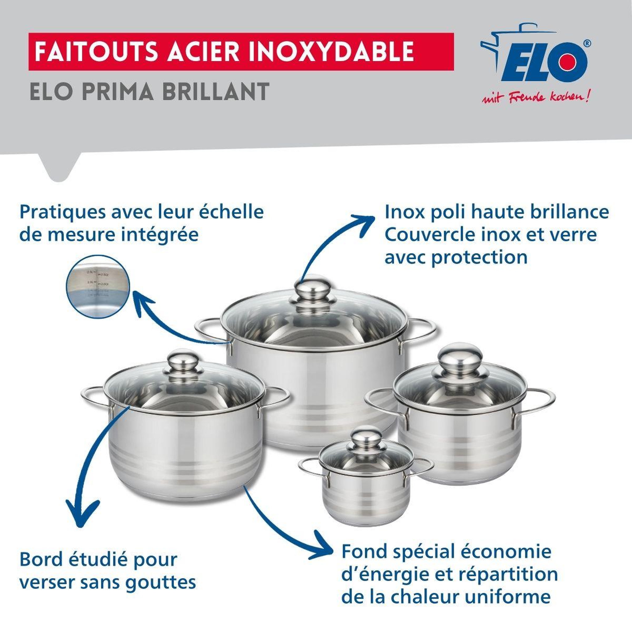 Voir la diapositive 3 : ELO Ensemble de 3 poêles de cuisson 20, 24 et 28 cm et 4 faitouts 12, 16, 20 et 24 cm elo prima brillant